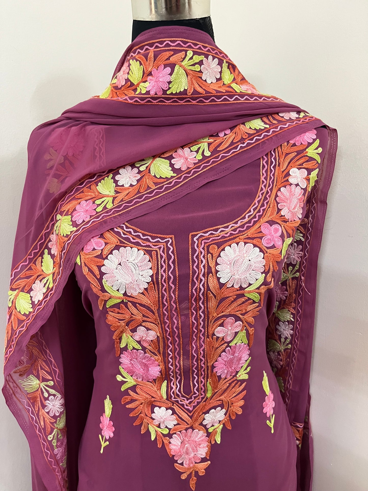 Mauve Georgette 3 Pc Aari Embroidered Suit Set