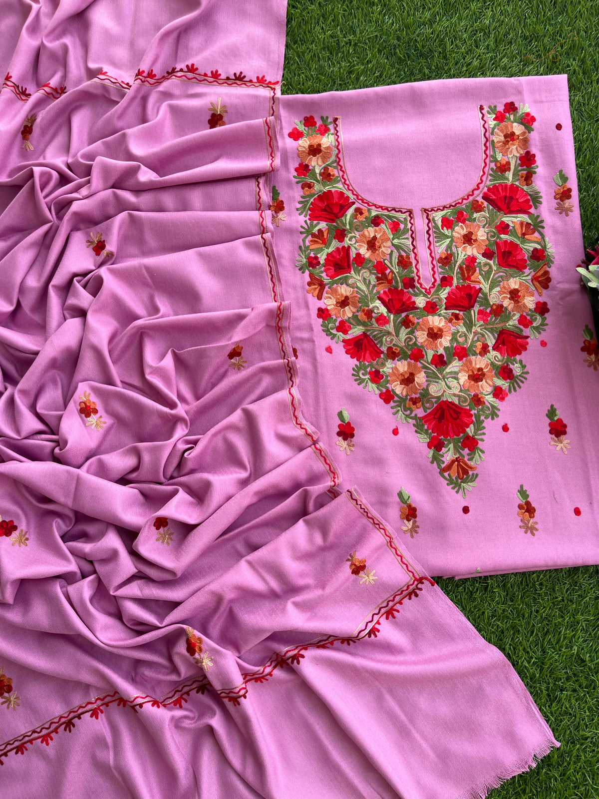 Playful Pink Woollen Aari Embroidered 3pc suit