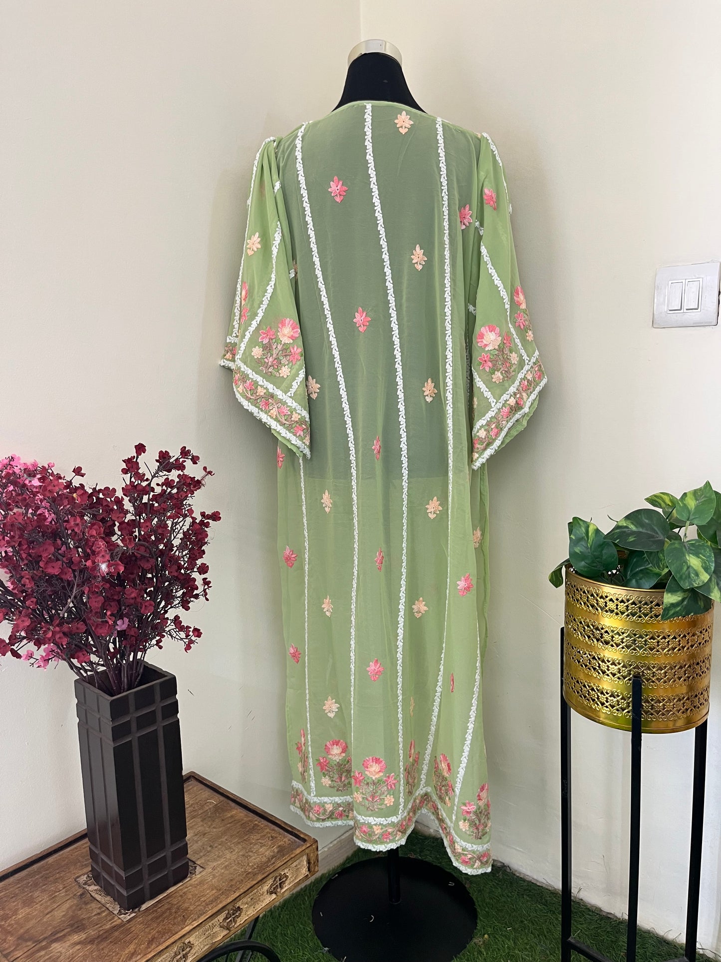 Tea Green Georgette All over Work Aari Embroidered Unstitched Kurta