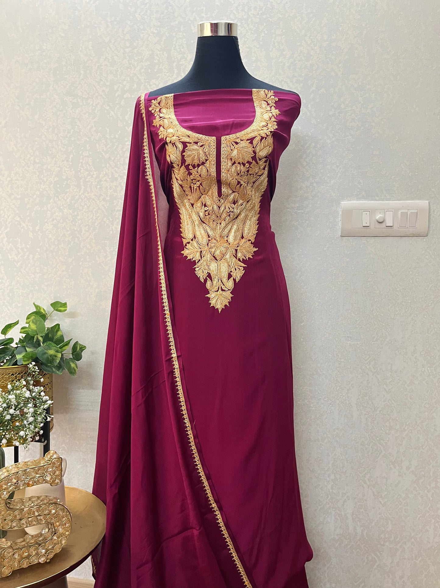 Wine Crape Puff Tilla Kashmiri Suit