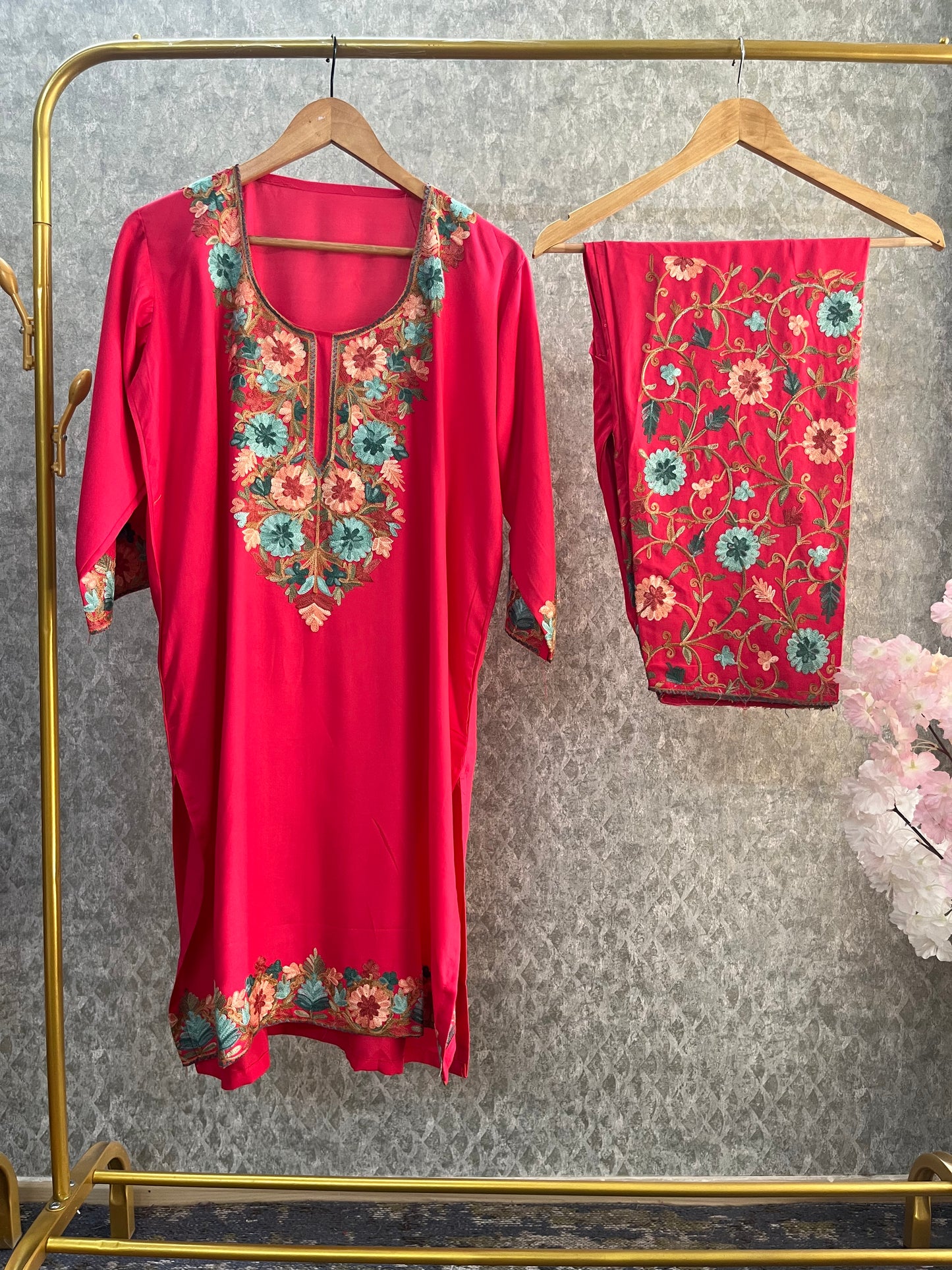 Carrot Pink Cotton Stitched Co-ord Set(44)