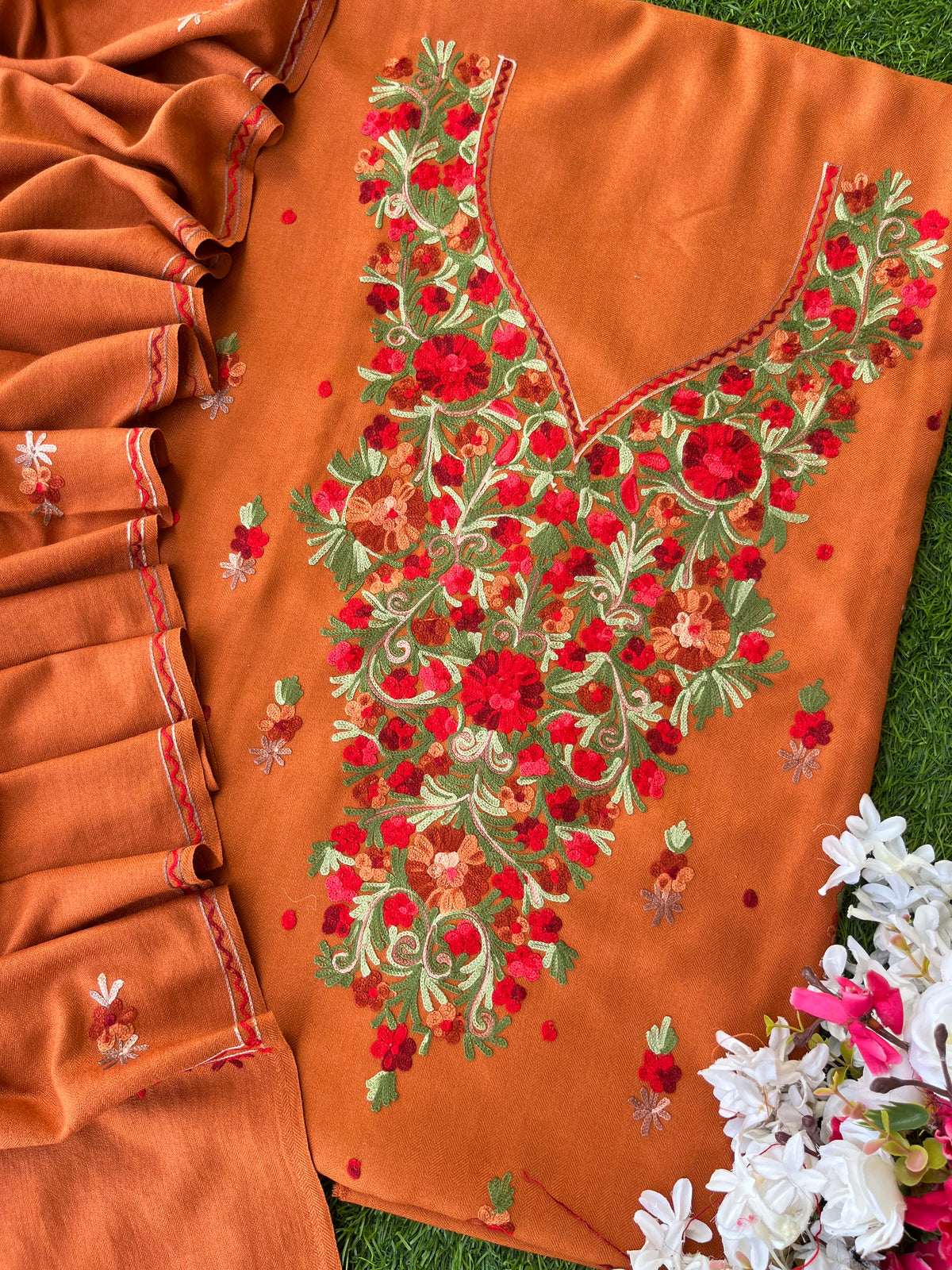 Orange Woollen Aari Embroidered 3pc suit