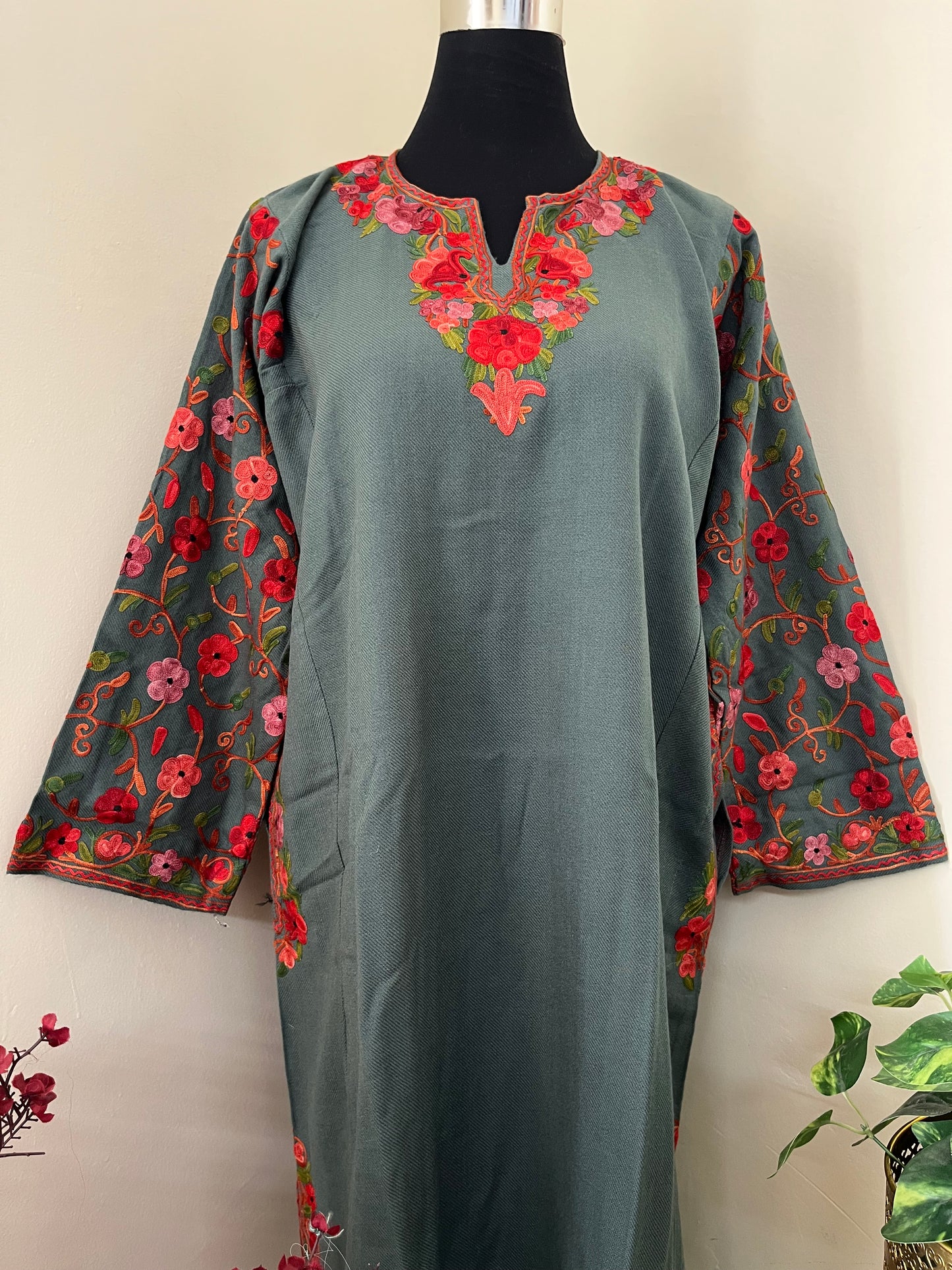 English Blue Aari Embroidered Wool Pheran