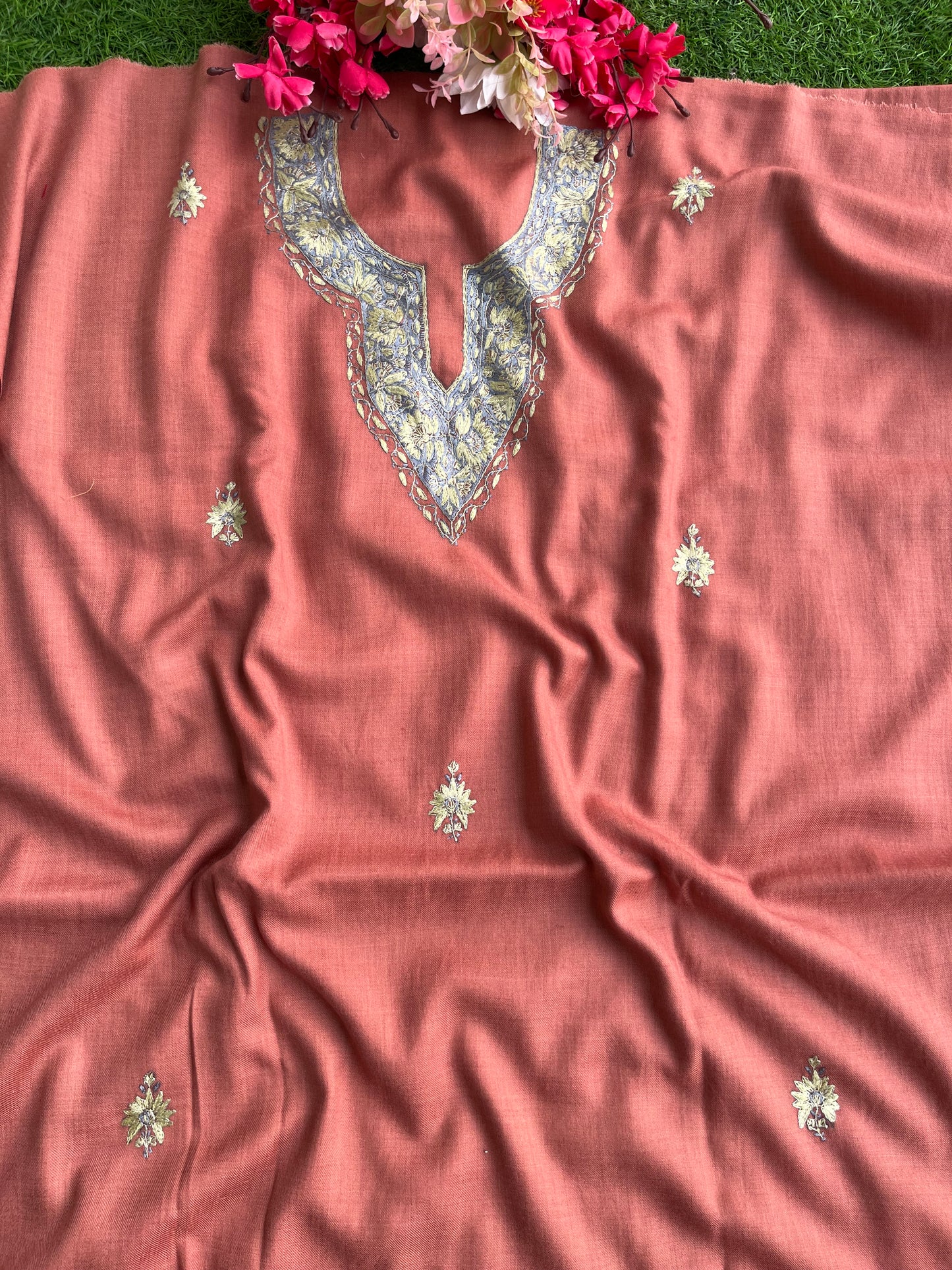 Peach Fine Wool Sozni Embroidered 3pc Suit Stole