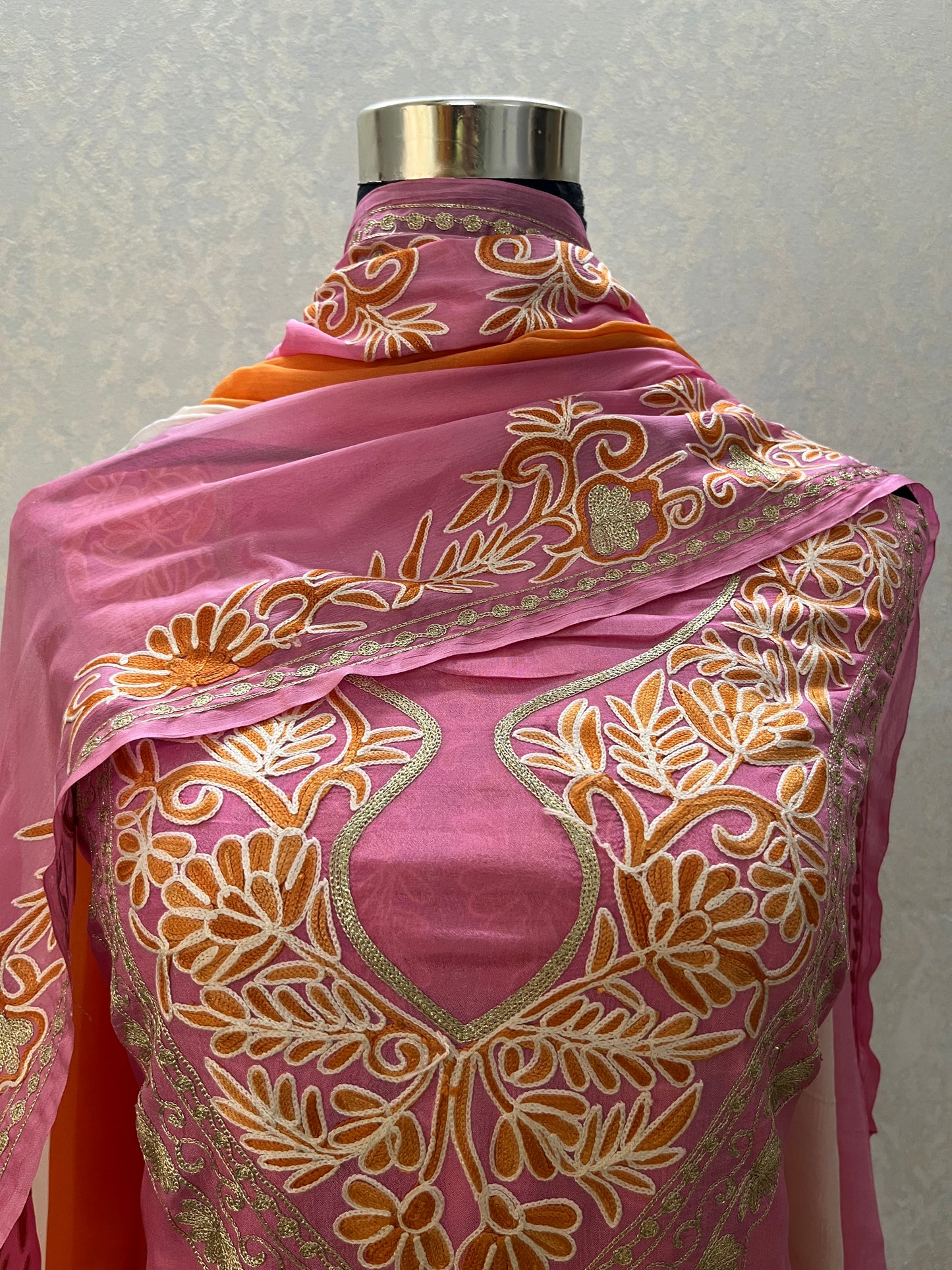 Pink Pure Chinon 3 Pc Heavy Front Back Kashmiri Suit