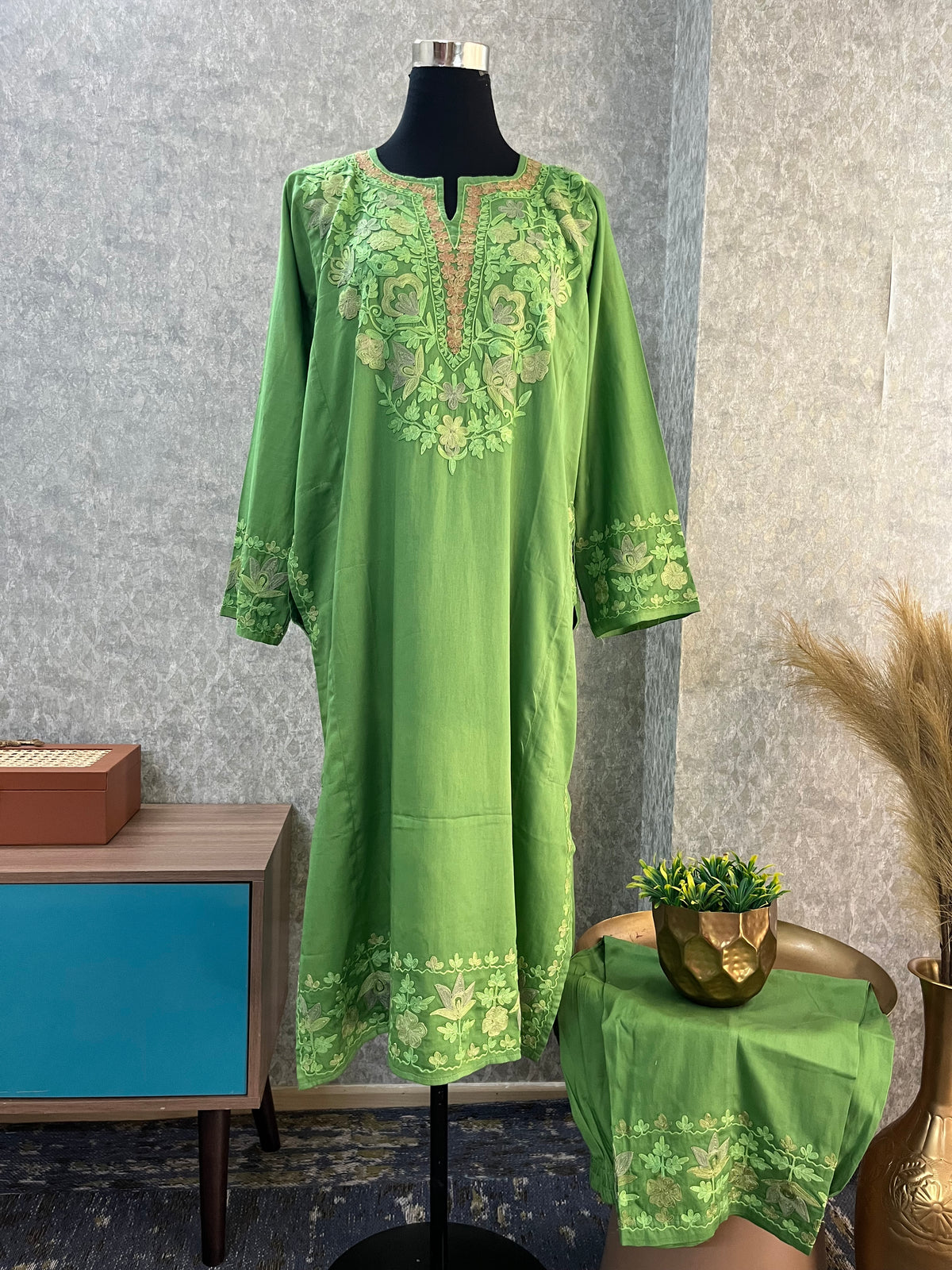 Lawn Green Cotton Front Jaal Pheran Set  Size(44)