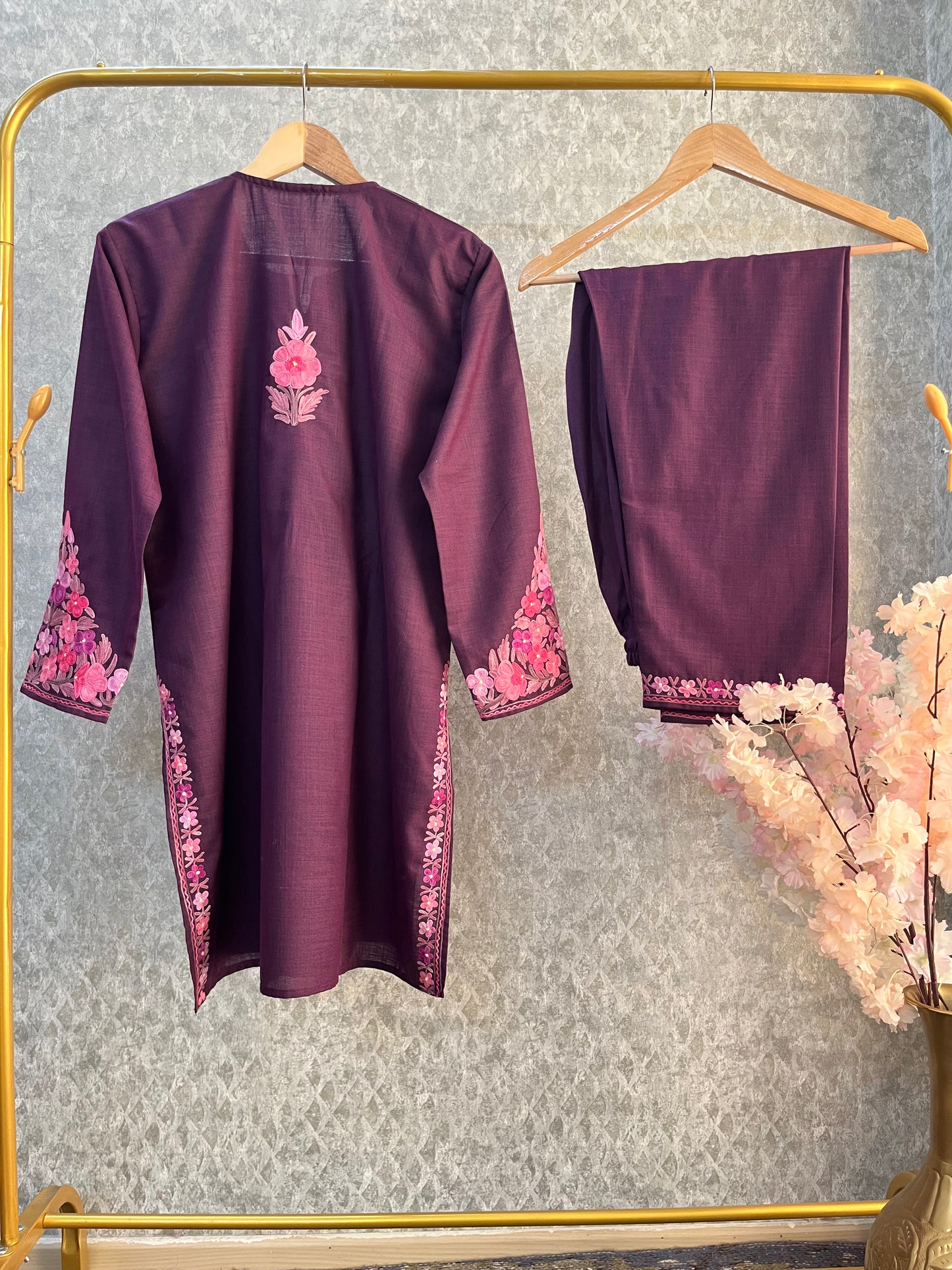 Wine Cotton Stitched Co-ord Set