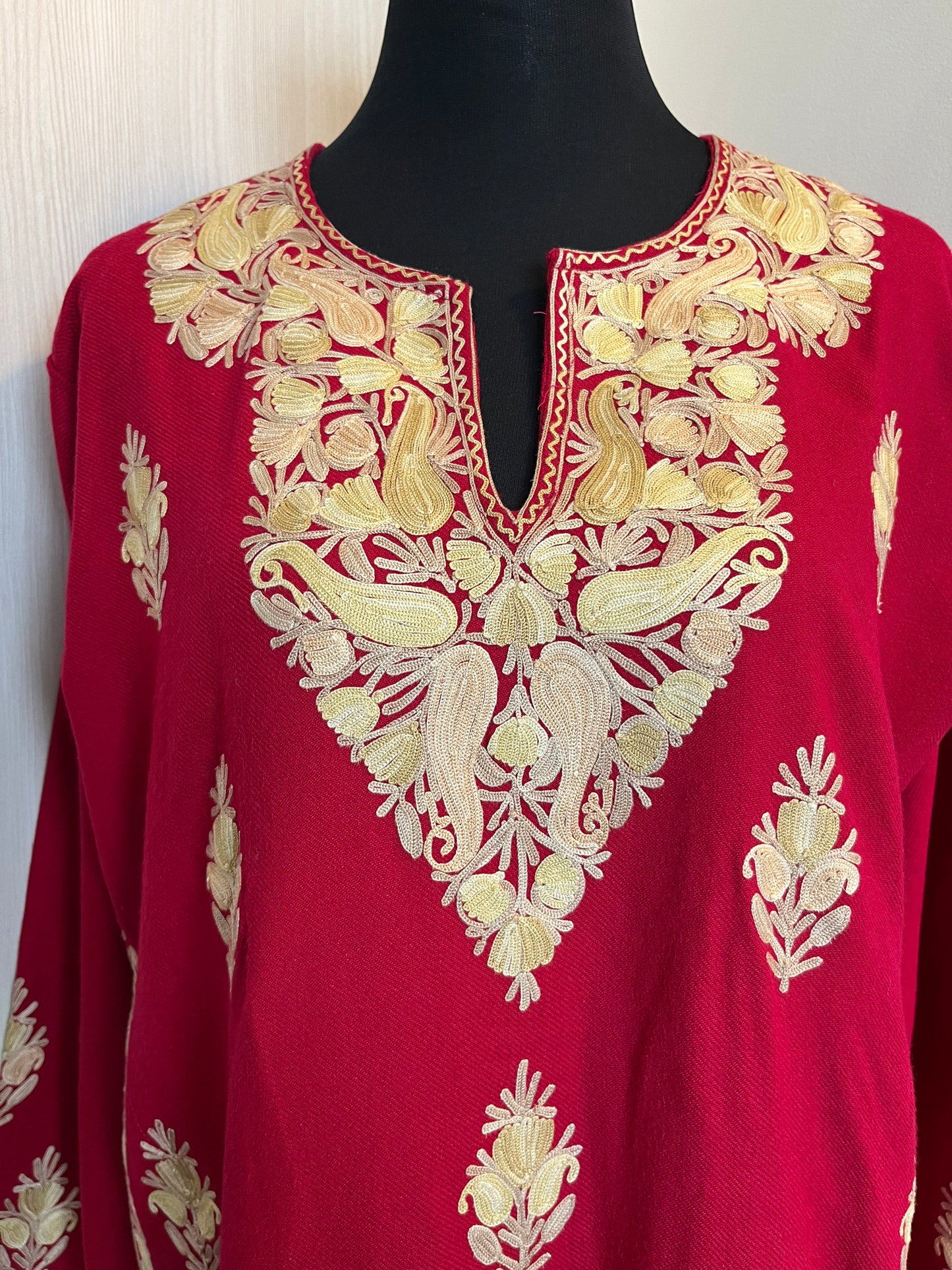 Carrot Pink Aari Embroidered Cashmilon Pheran Set “M/L”