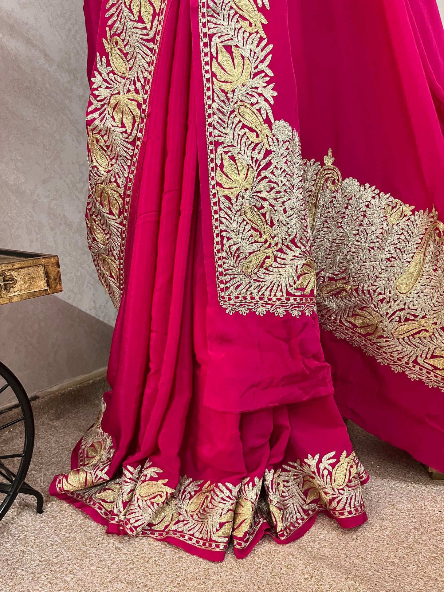 Hot Pink Crape Kashmiri Tilla Saree