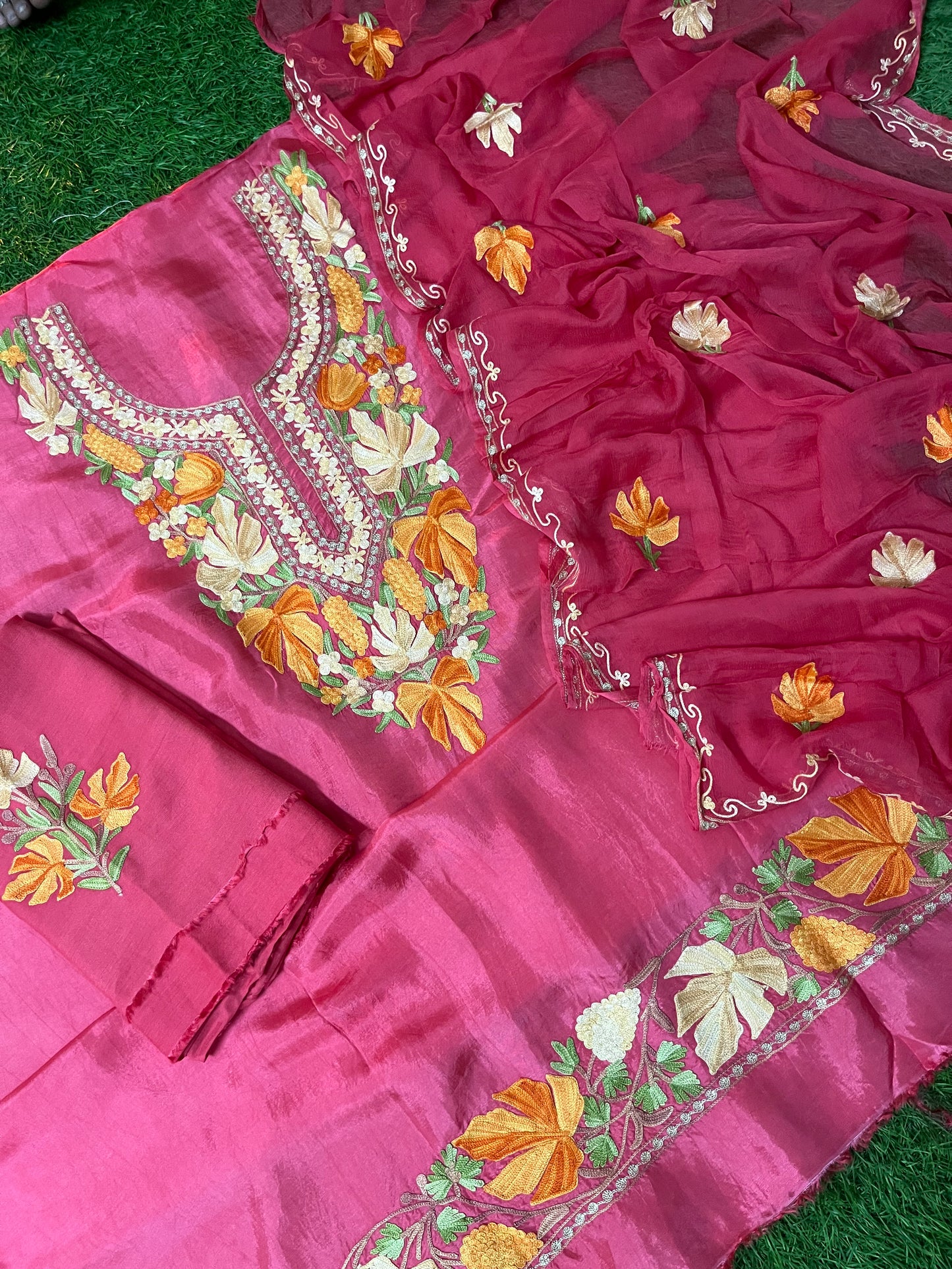 Carrot Pink Opada Silk Aari Embroidered Suit material