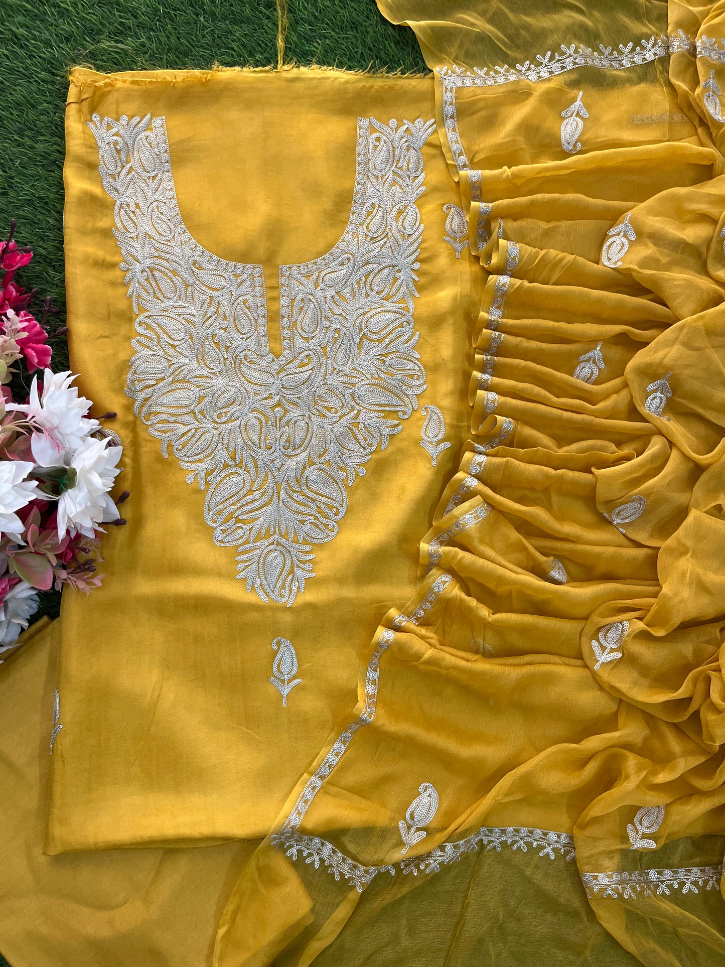 Golden Yellow Silk Tilla Kashmiri Suit