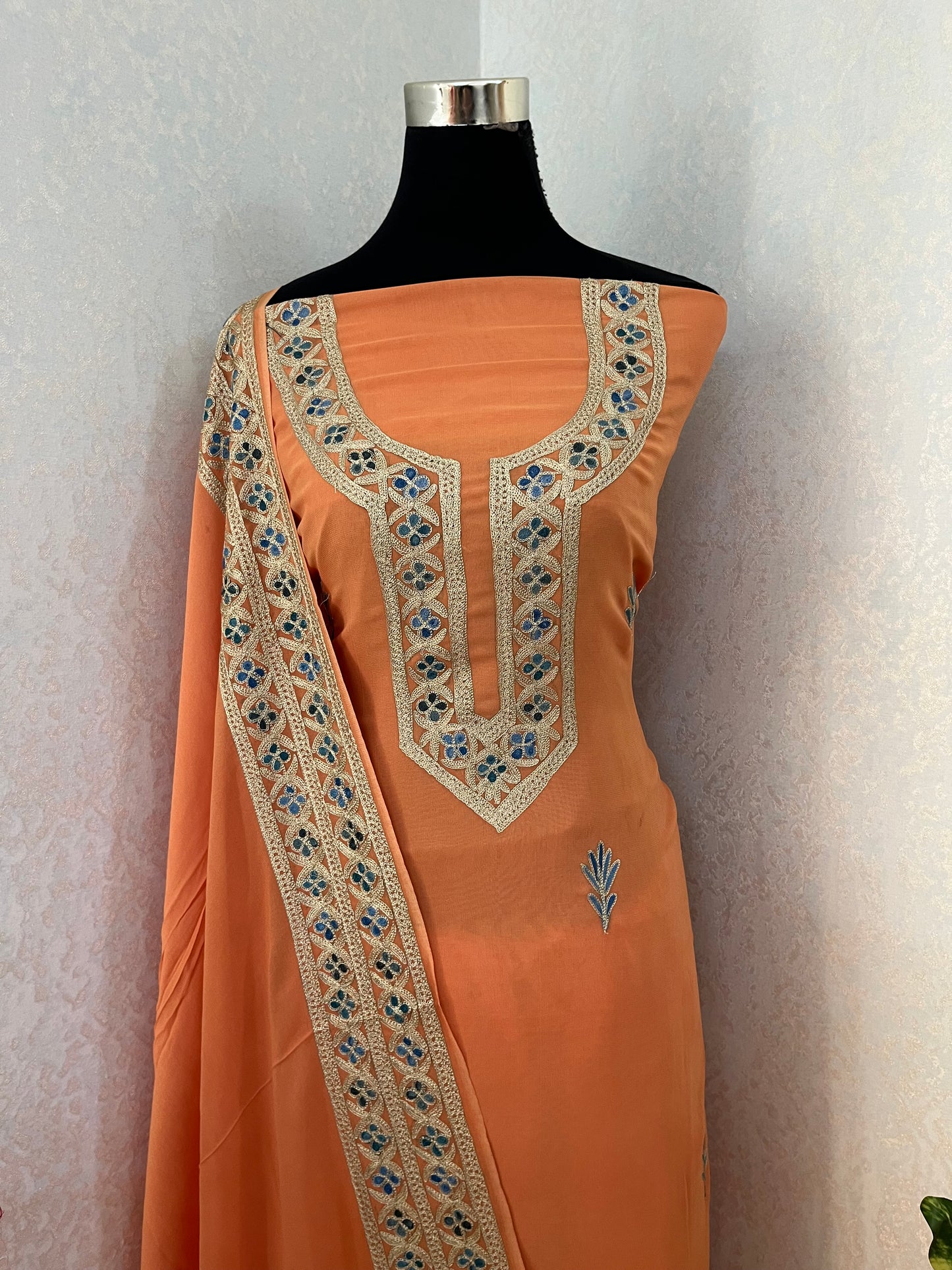 Peach Pure Georgette 3Pc Kashmiri Embroidered Suit