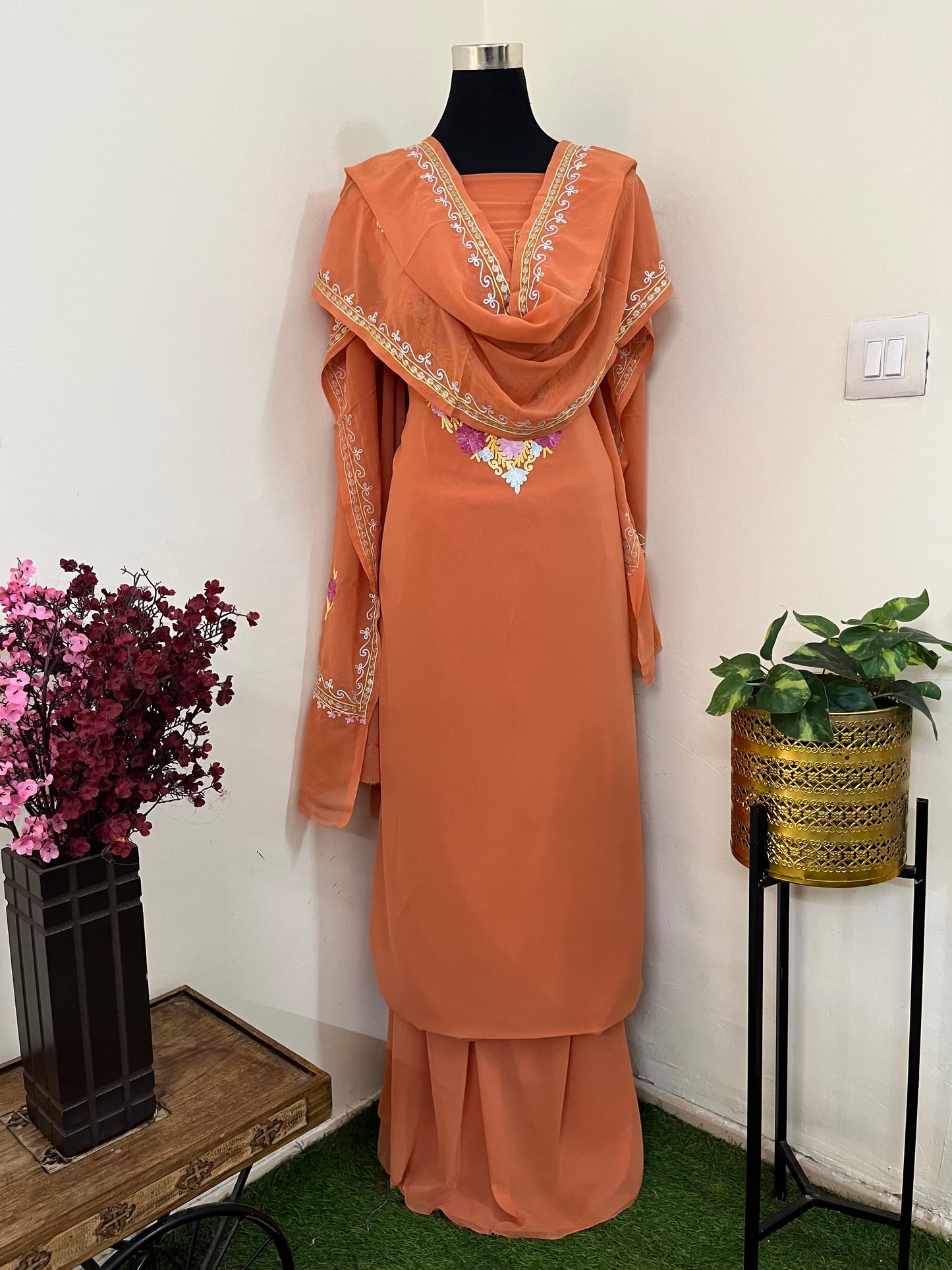 Soft Orange Georgette 3 Pc Aari Embroidered Suit Set