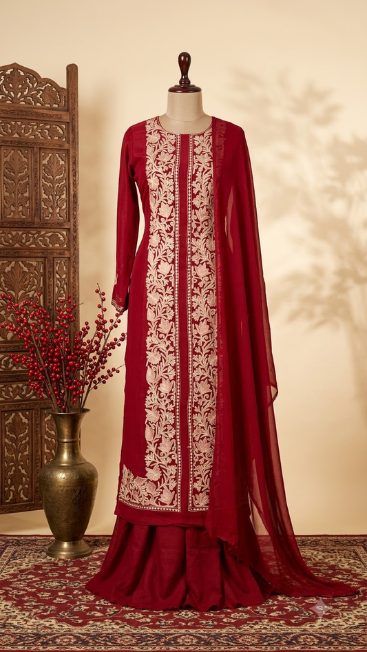 Maroon Pure Georgette Achkan Kashmiri Suit