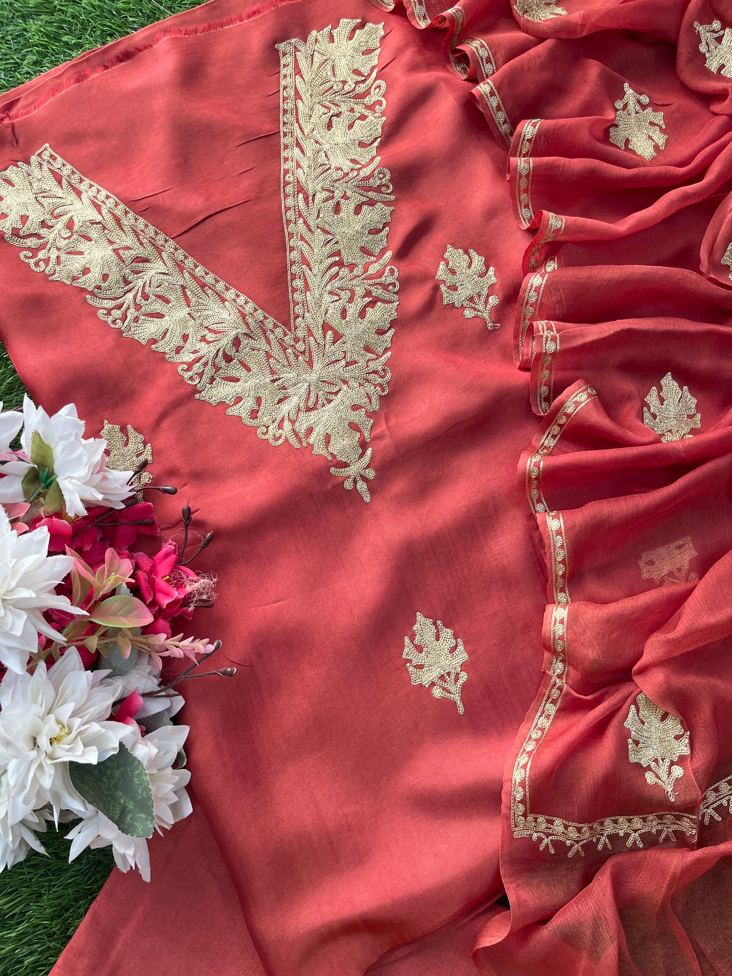 Blush Red Silk Tilla Kashmiri Suit