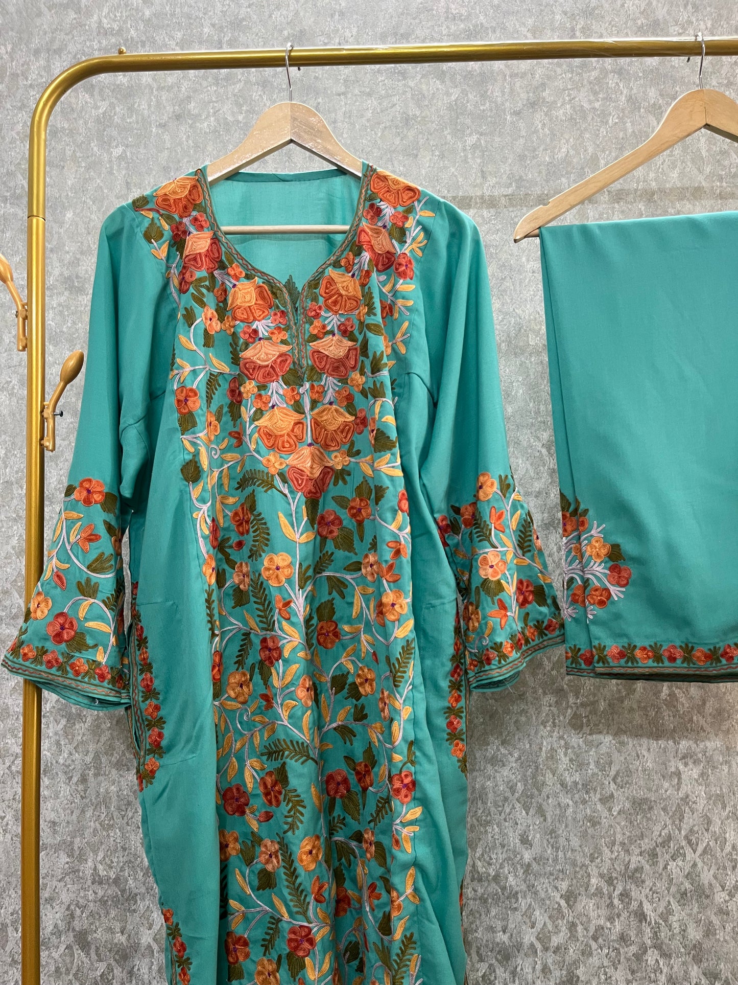 Sea Green Cotton Front Jaal Pheran Set  Size (46)