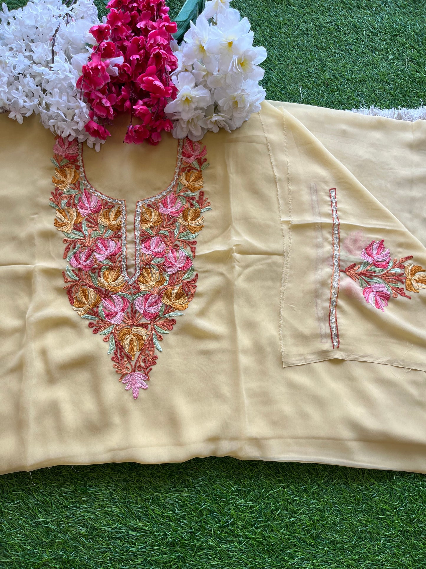 Golden Yellow Georgette Aari Embroidered Unstitched Kurta Material