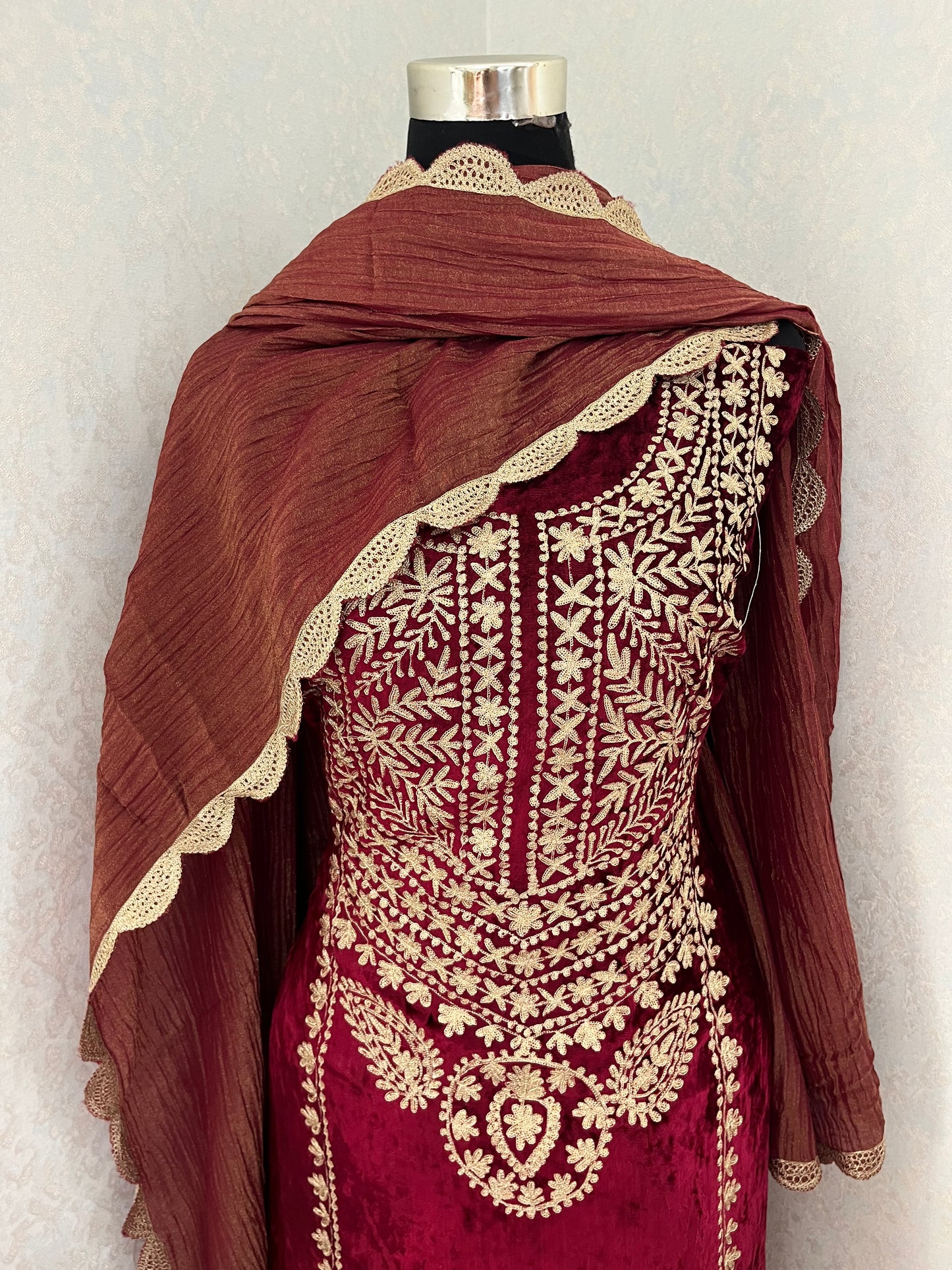 Maroon Tilla Pure Makhmal 3pc Suit