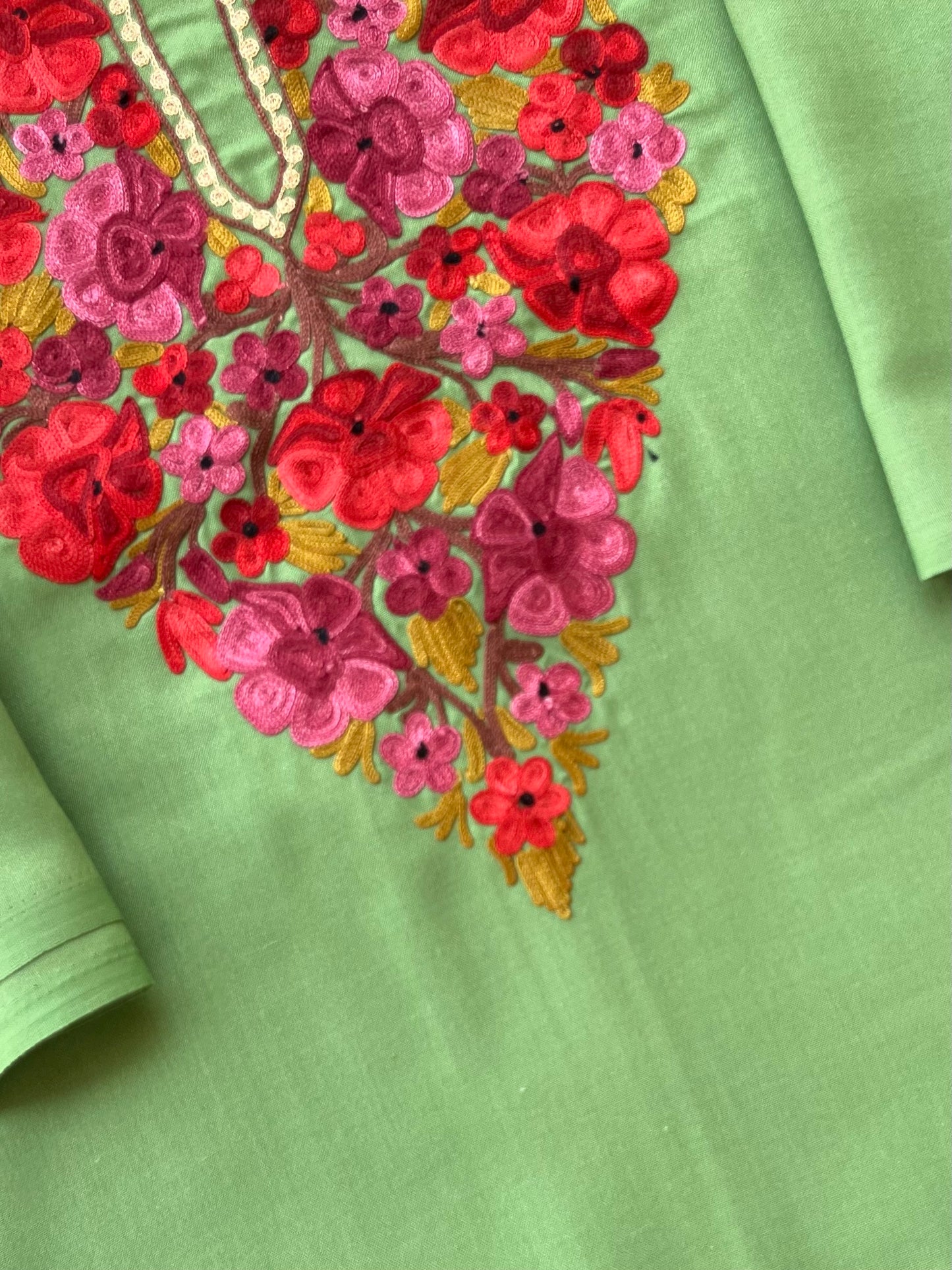 Pastel Green Aari Embroidered Cotton Suit Set