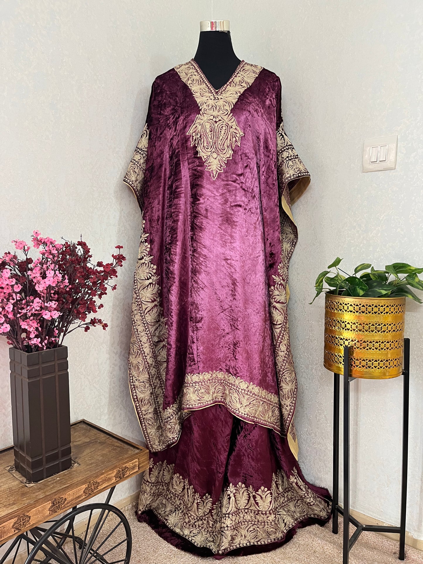 Sangria Purple Tilla Pure Makhmal Kashmiri Kaftan Set