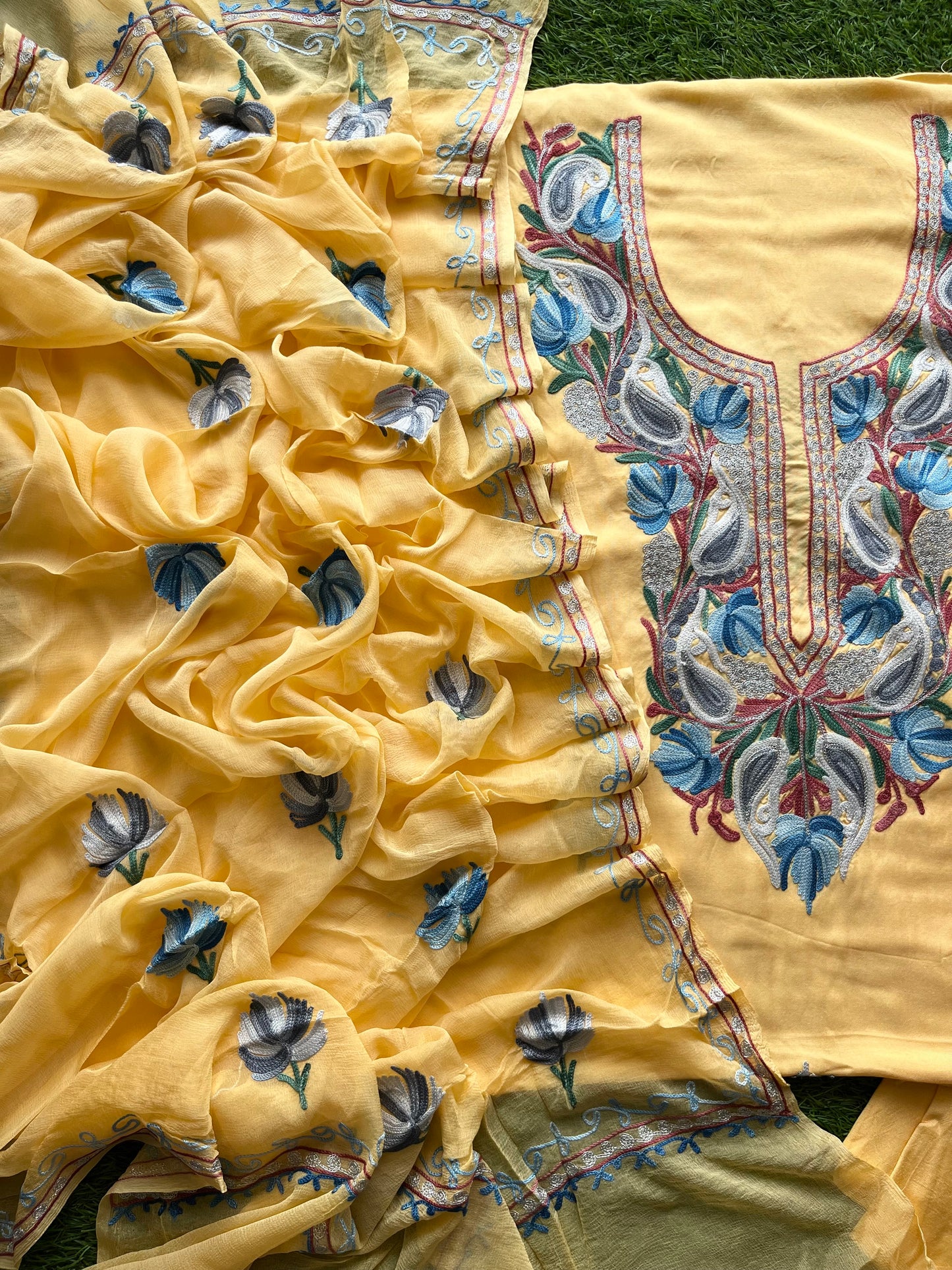 Golden Yellow Muslin Cotton Aari Embroidered 3pc set