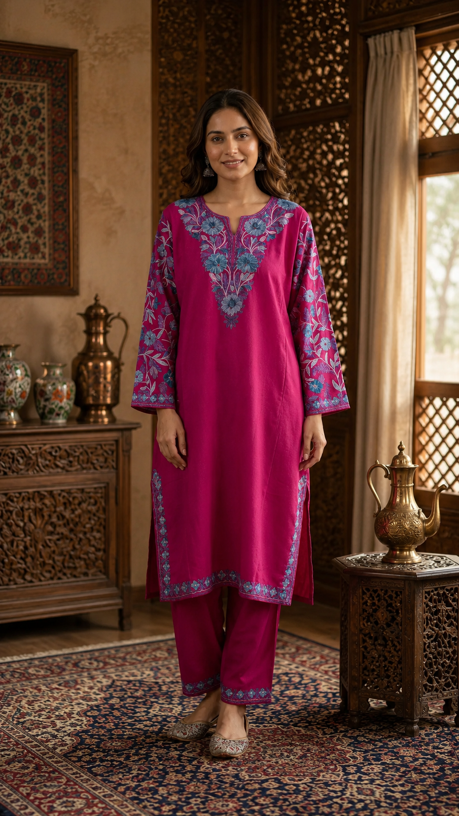 Hot Pink Cotton Arm Jaal Pheran Set (Upto 46)