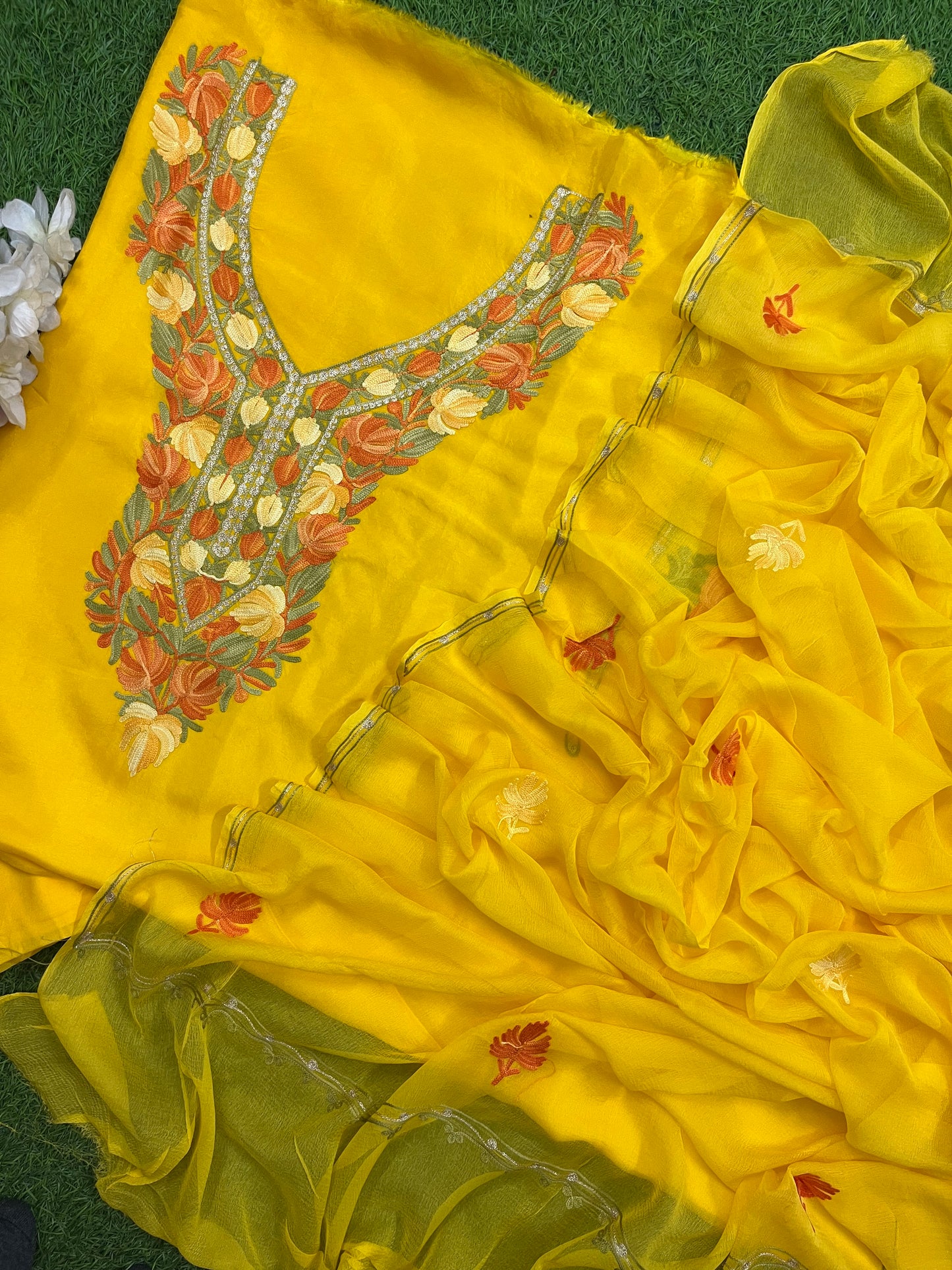 Yellow  Opada Silk Aari Embroidered Suit material