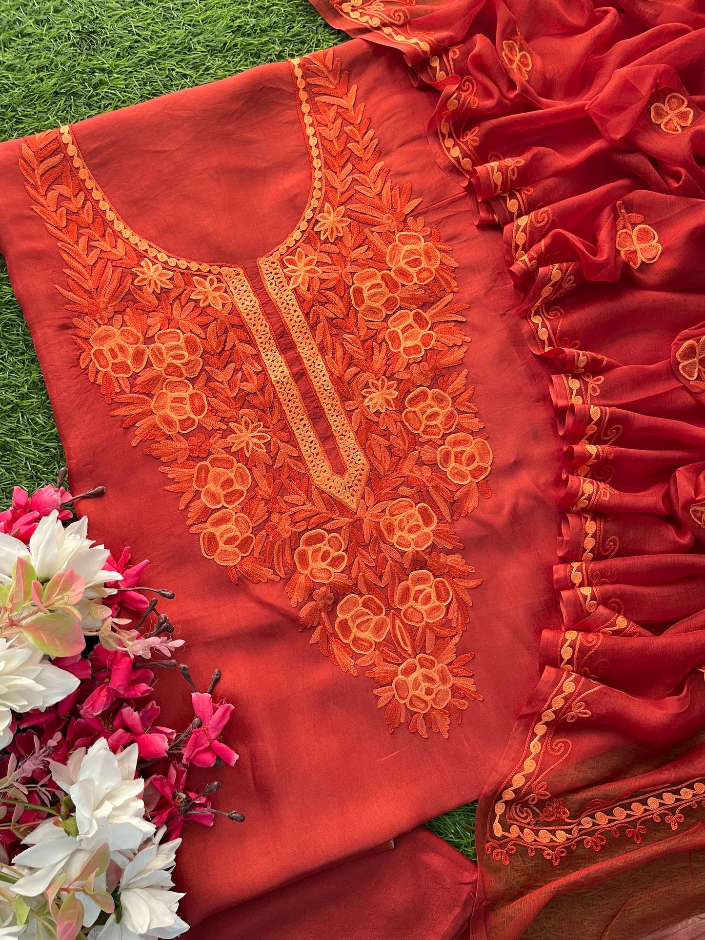 Orange Silk Kashmiri Suit
