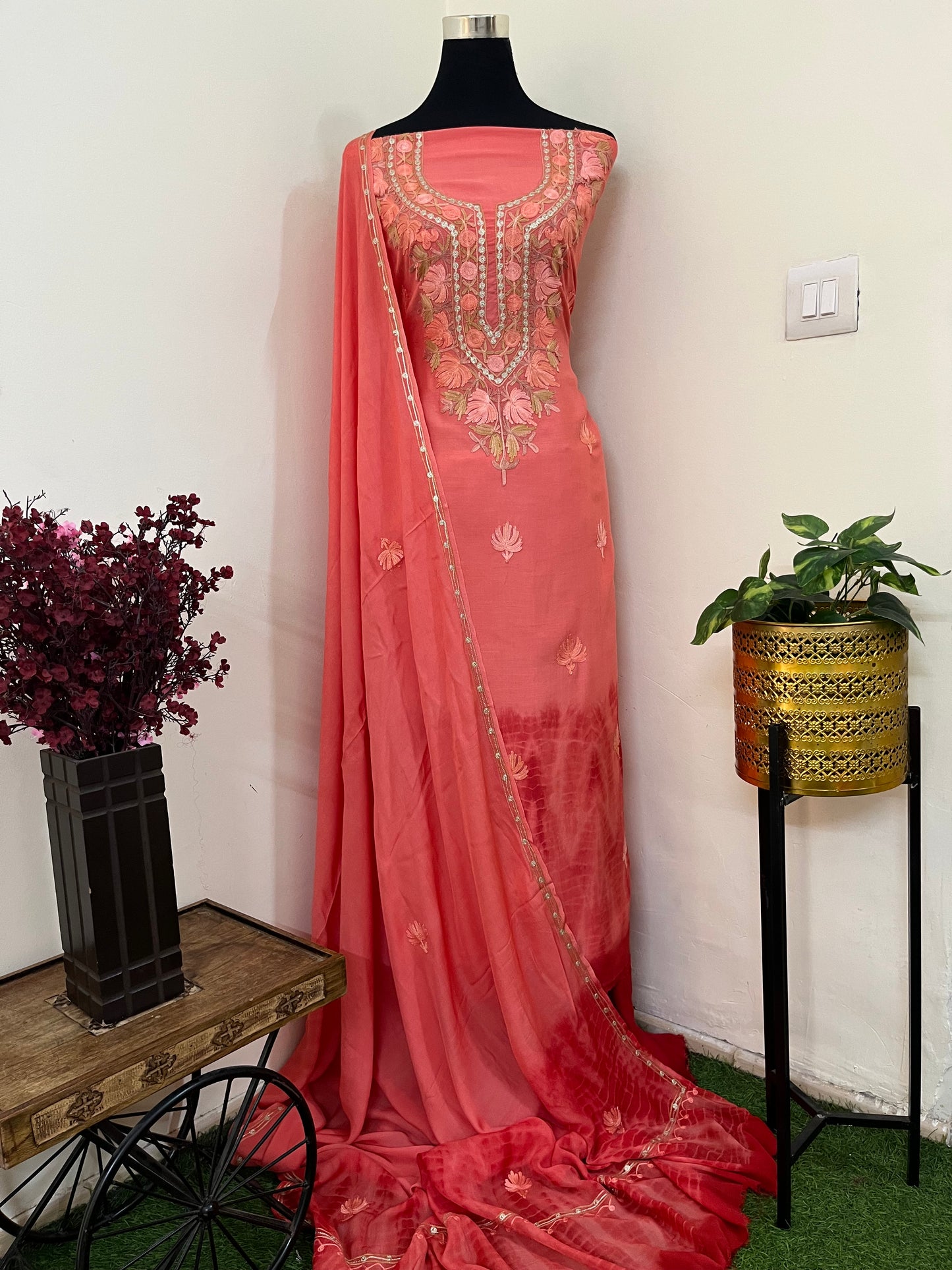 Orange Mul Cotton Shibori Work Kashmiri 3pc Suit