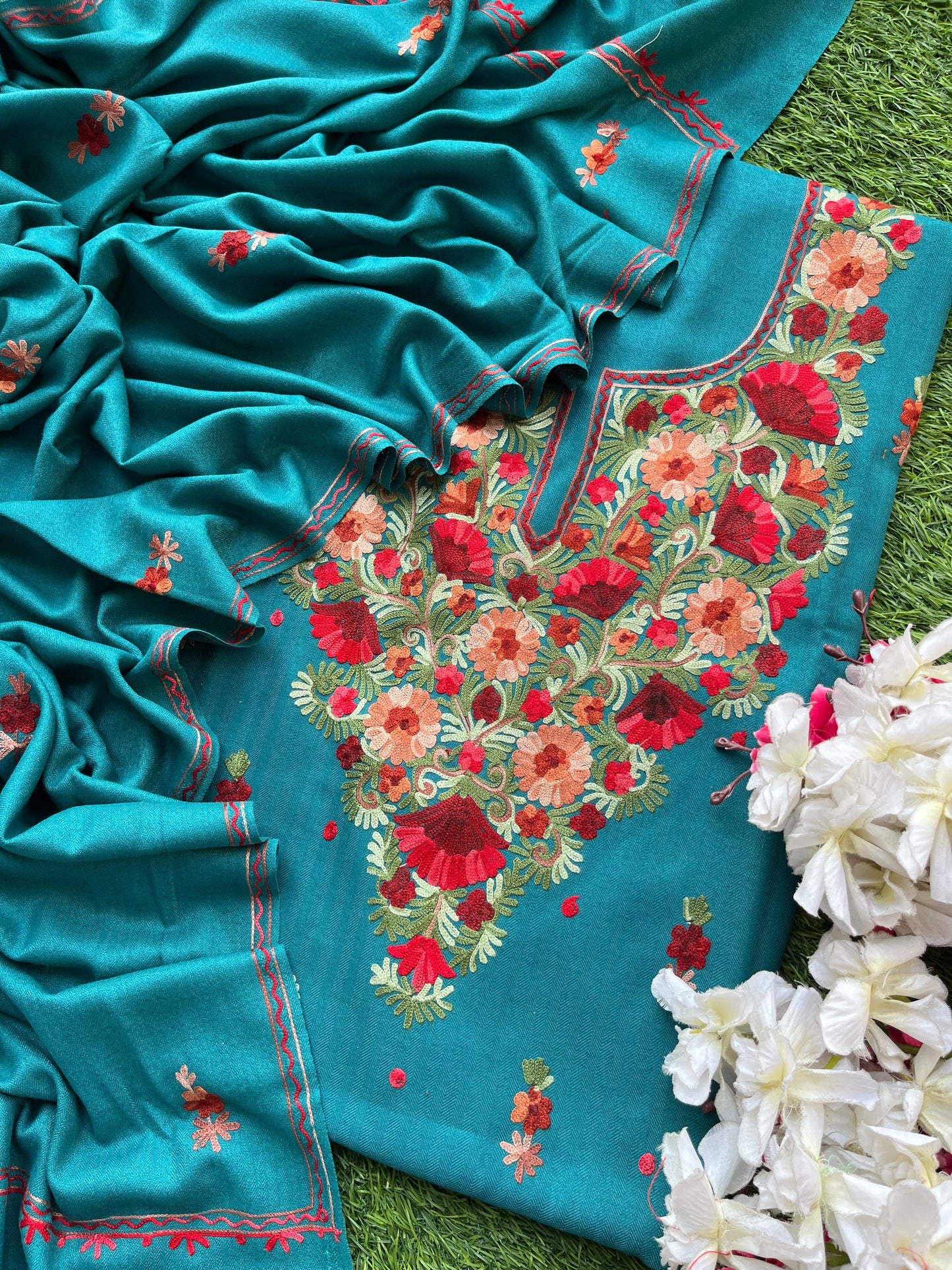 Peacock Blue Woollen Aari Embroidered 3pc suit