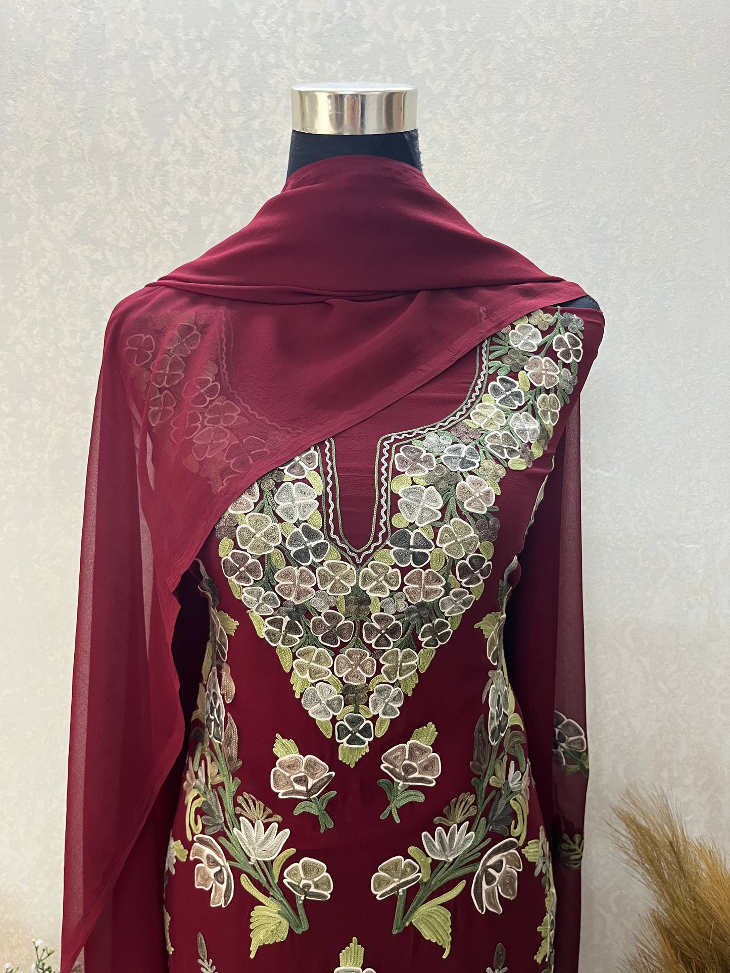 Maroon Georgette 3 Pc Kashmiri Suit