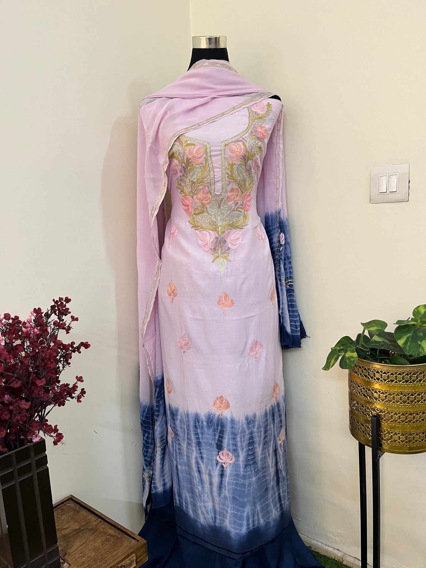 Pink Mul Cotton Shibori Work Kashmiri 3pc Suit