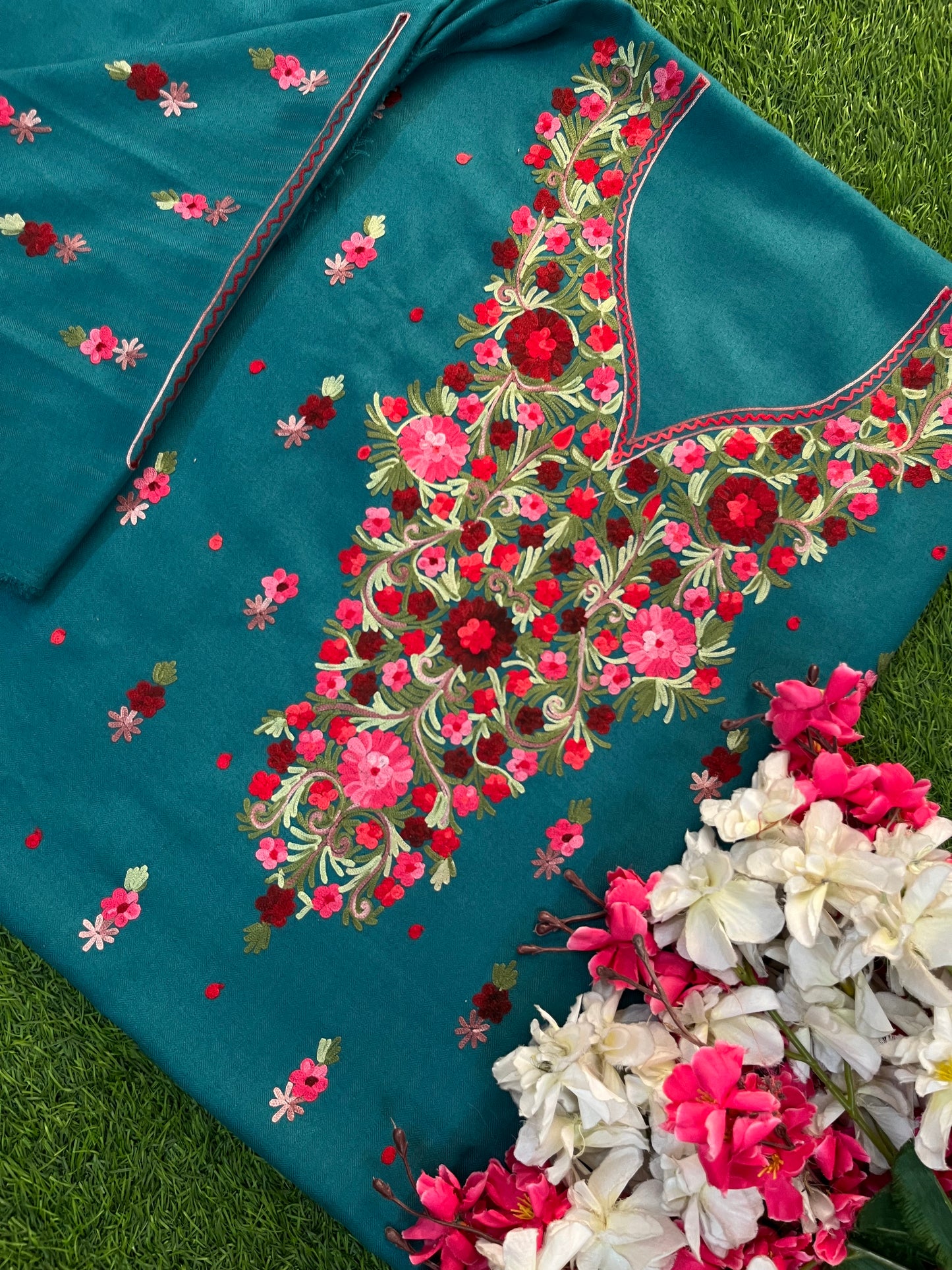 Teal Green Woollen Aari Embroidered 3pc suit