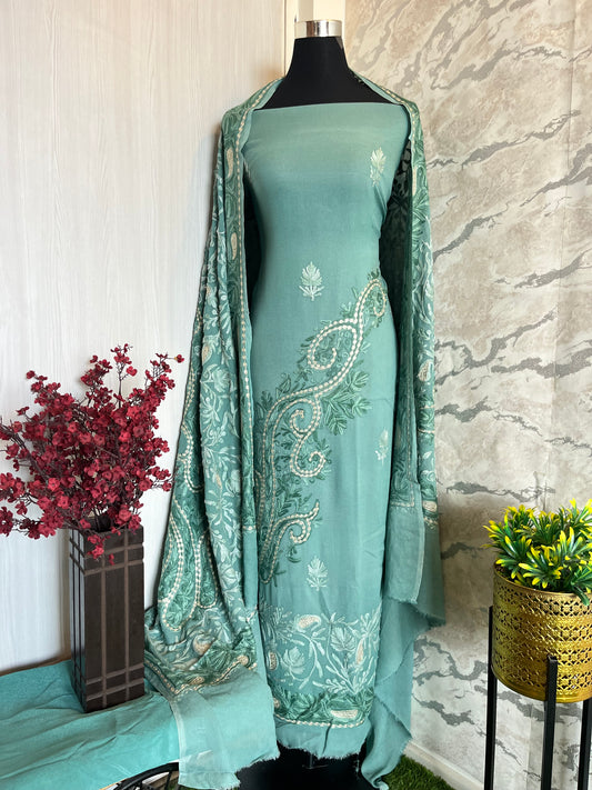 Pastel Green Pure Georgette Aari Embroidered Suit