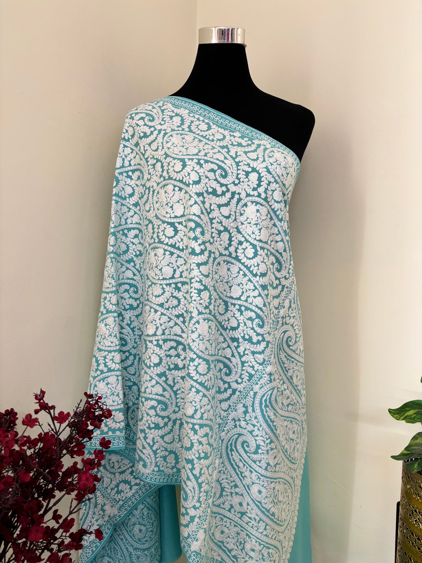 Aqua Blue Kashmiri Stole ( Semi Pashmina )