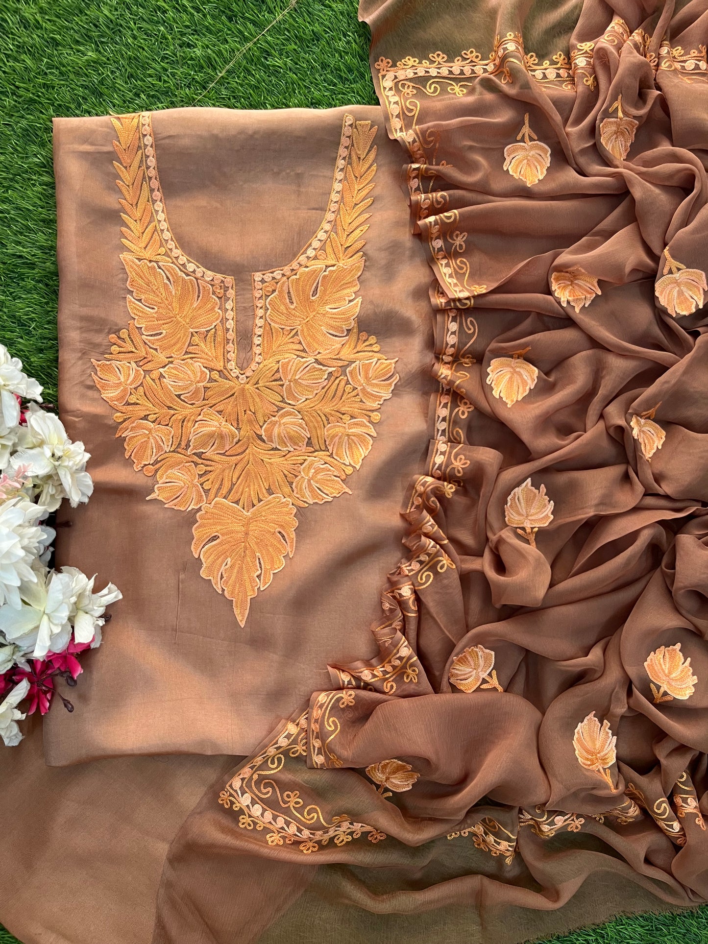 Soft Brown Opada Silk Kashmiri Suit