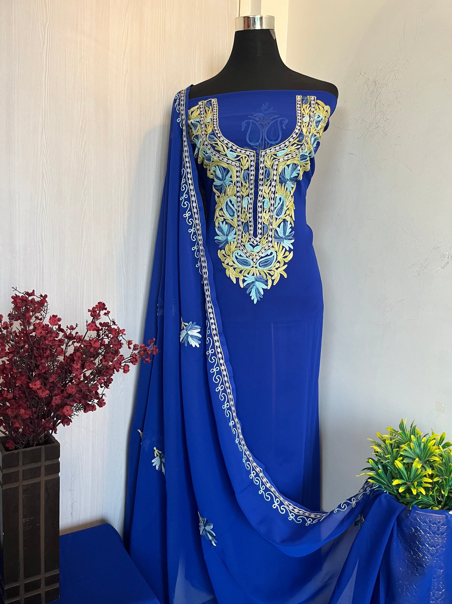 Georgette Royal Blue Two Piece Shirt and Dupatta Aari Embroidered Suit set