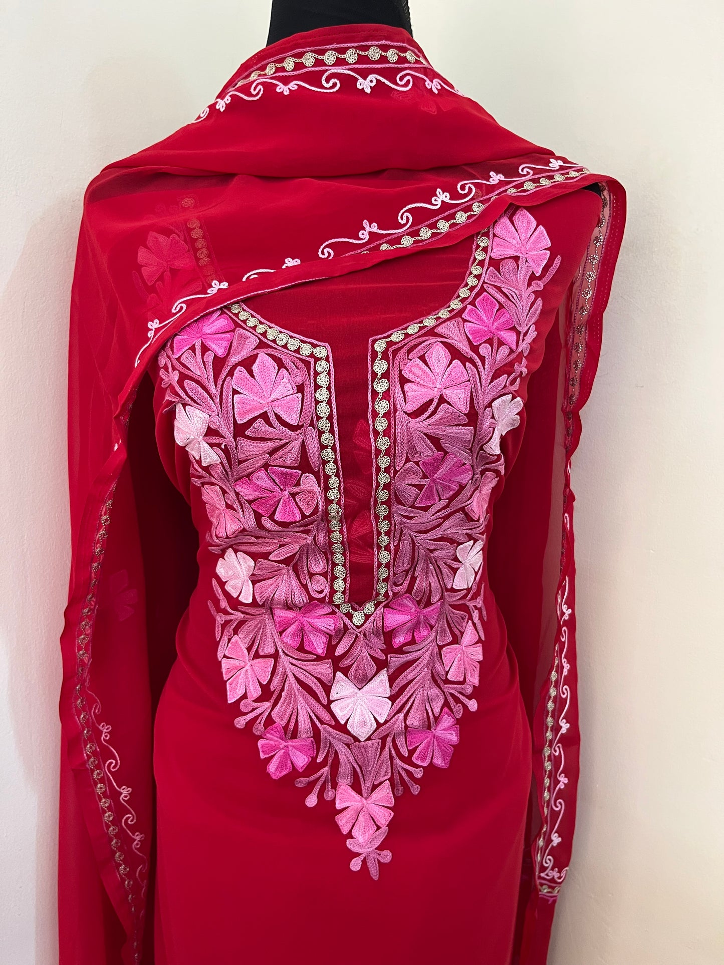 Red Georgette 3 Pc Aari Embroidered Suit Set