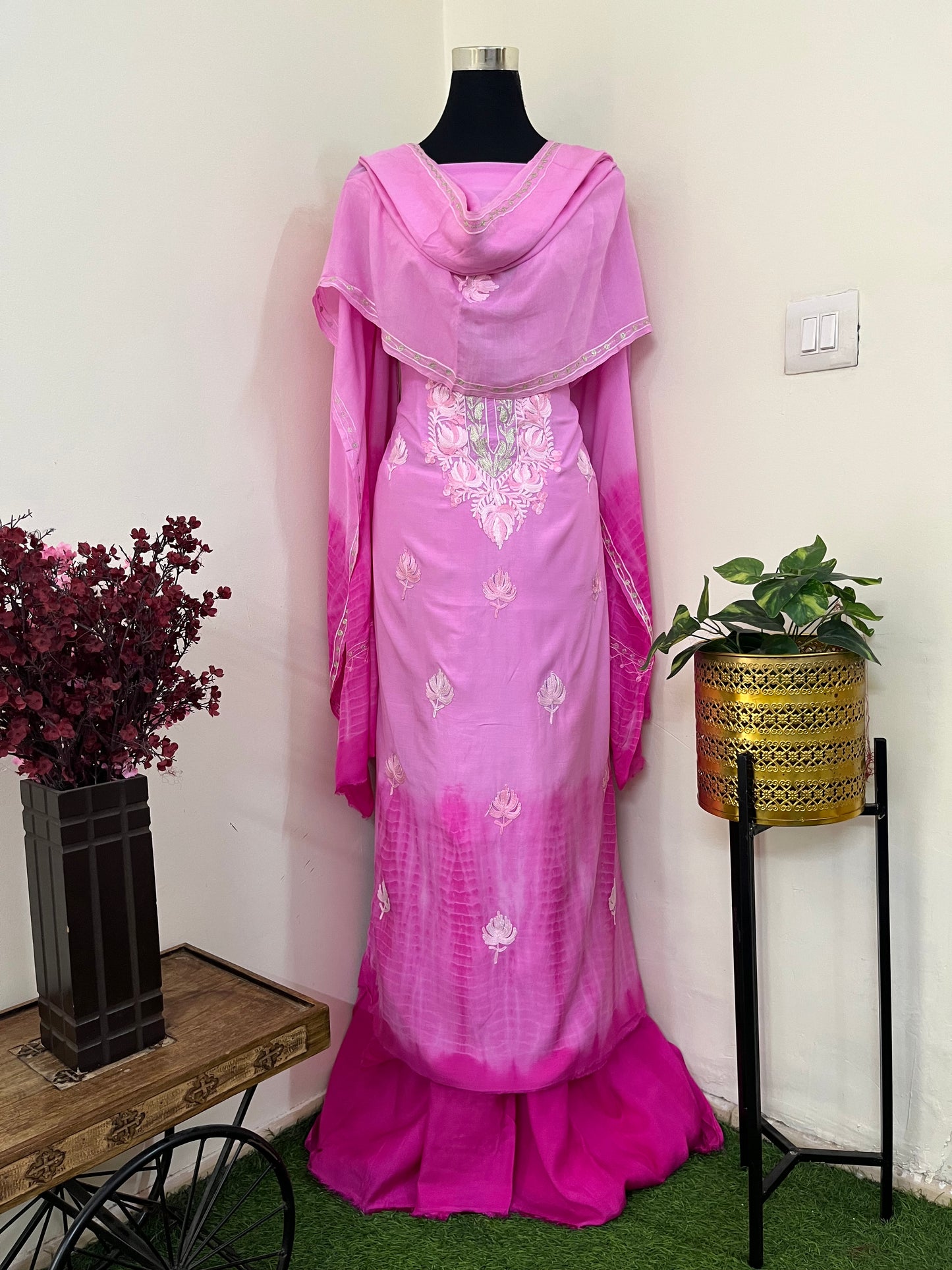 Mauve Mul Cotton Shibori Work Kashmiri 3pc Suit