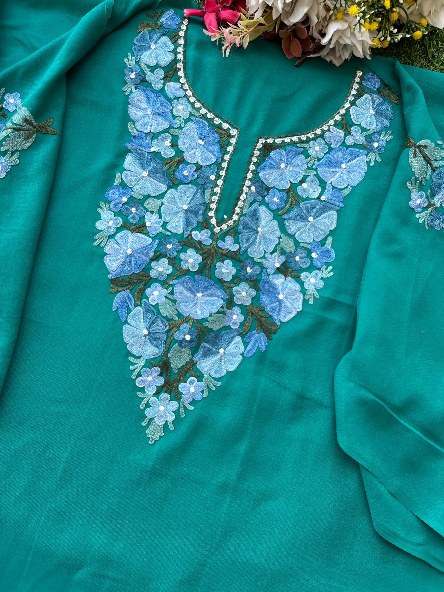 Green Aari Embroidered Cotton Suit Set