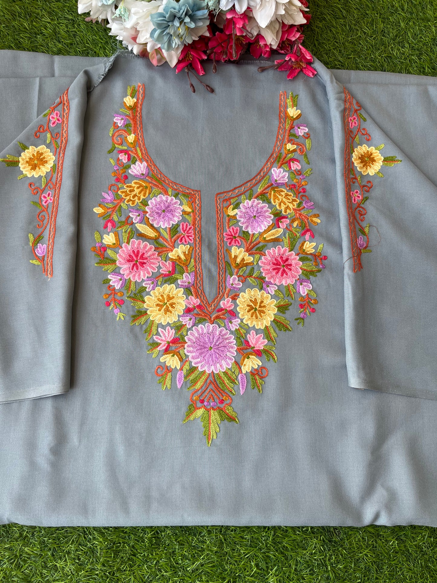 Grey Cotton Two Piece Suit (Hand Embroidered)