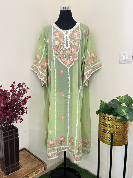 Tea Green Georgette All over Work Aari Embroidered Unstitched Kurta