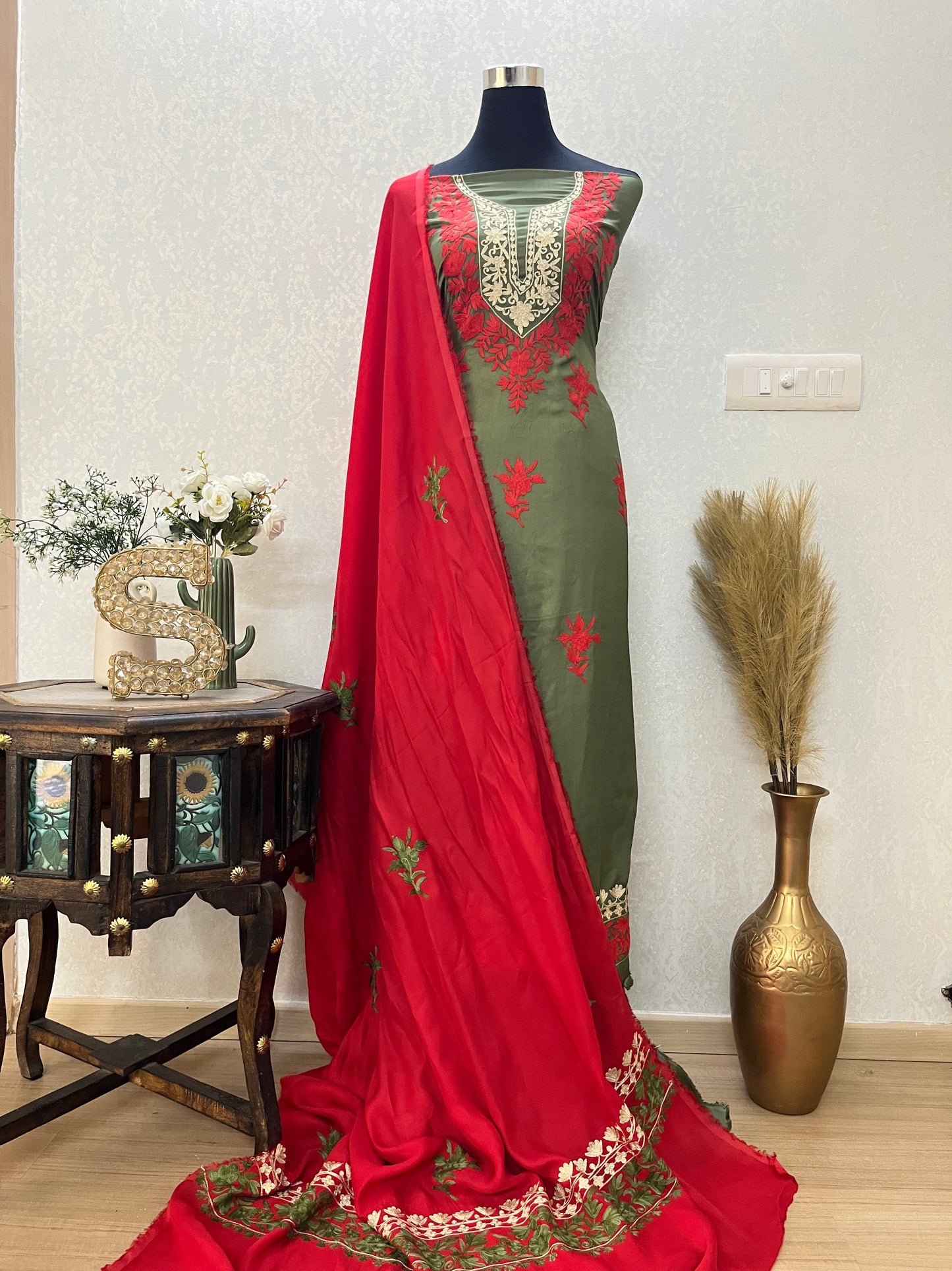 Heena green Satin Cotton Kashmiri Suit
