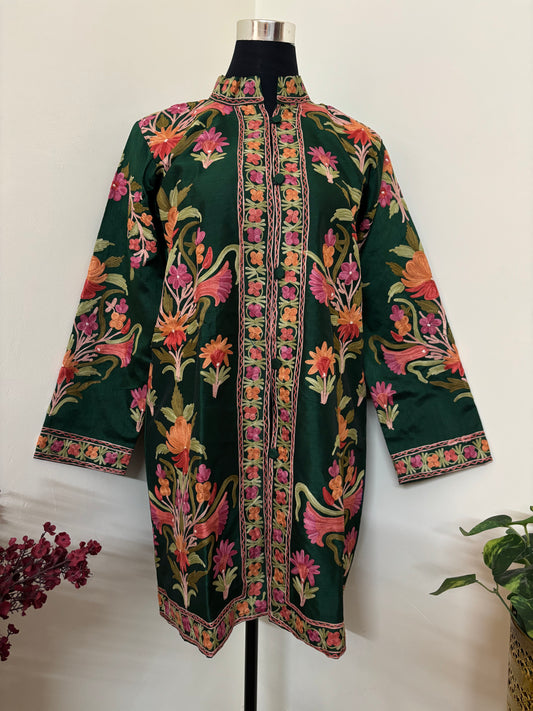 Bottle Green Aari  Embroidered Silk Jacket ‘L’