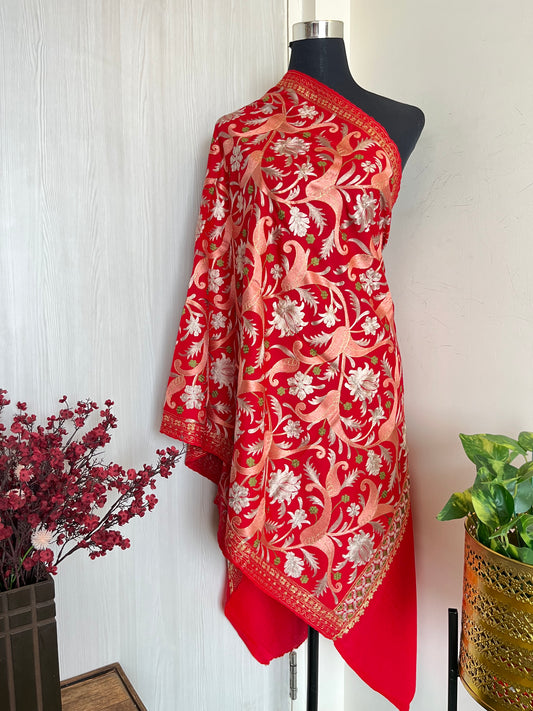 Red Silk Thread Jaal Embroidered Fine Semi Pashmina stole