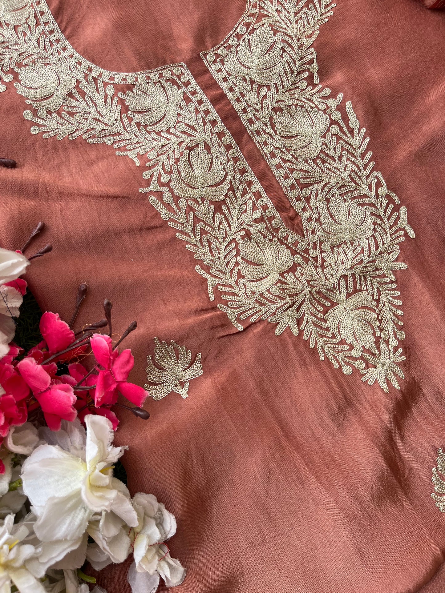 Dull Peach Silk Tilla Kashmiri Suit