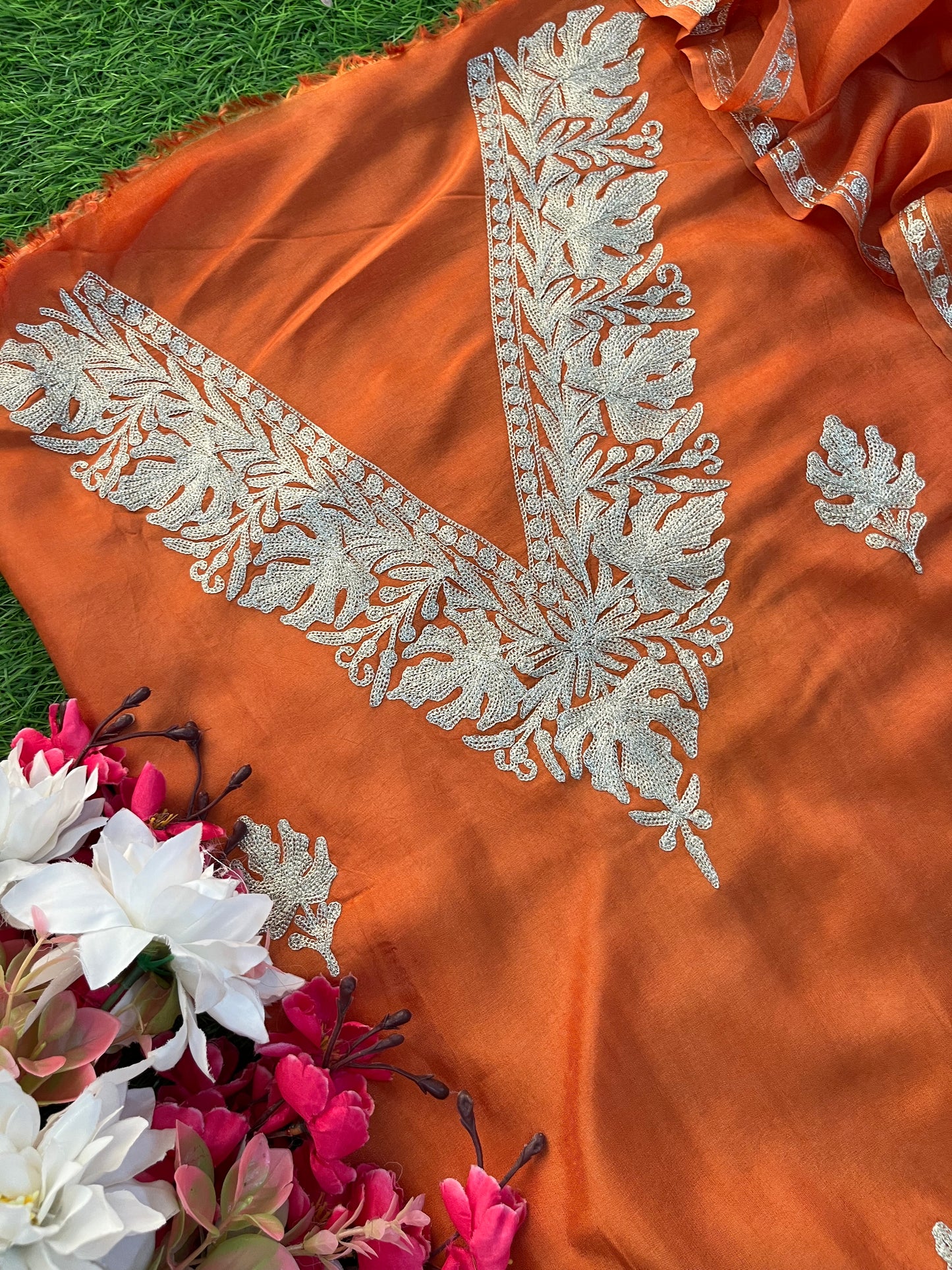 Soft Orange Sanam’ Silk Tilla Kashmiri Suit
