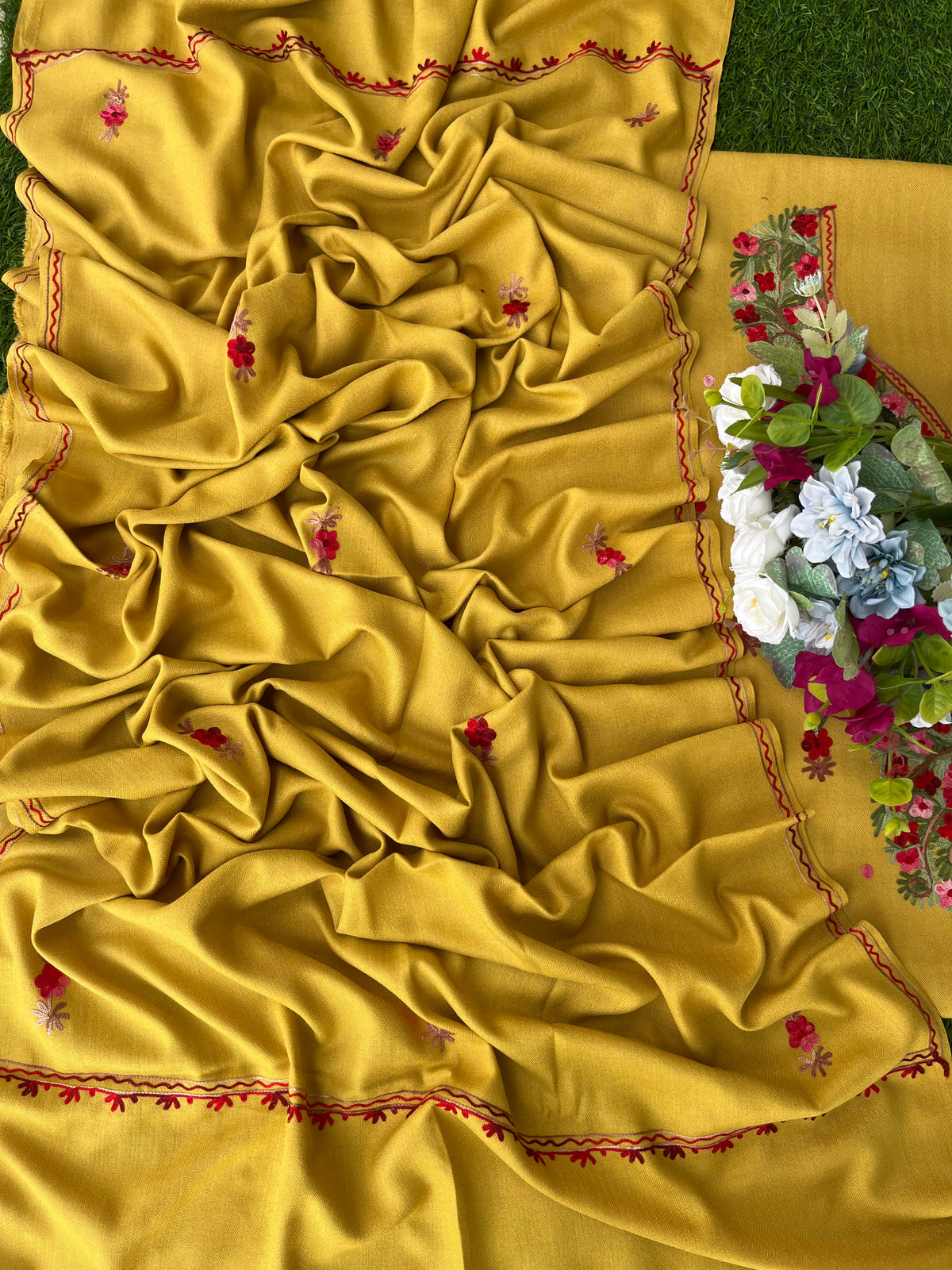 Yellow Woollen Aari Embroidered 3pc suit