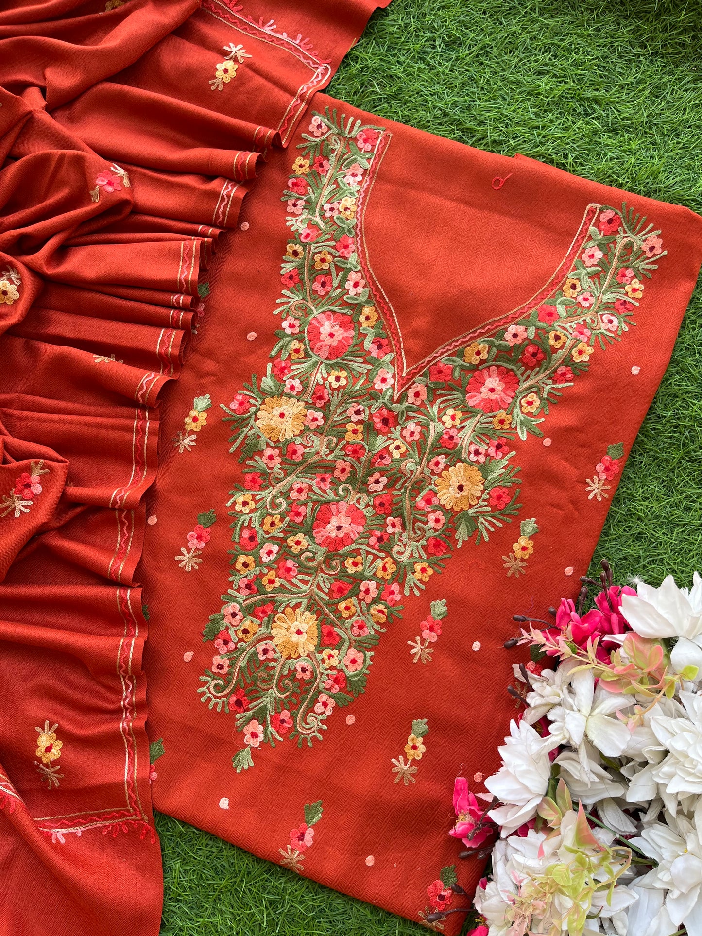 Rust Orange Woollen Aari Embroidered 3pc suit
