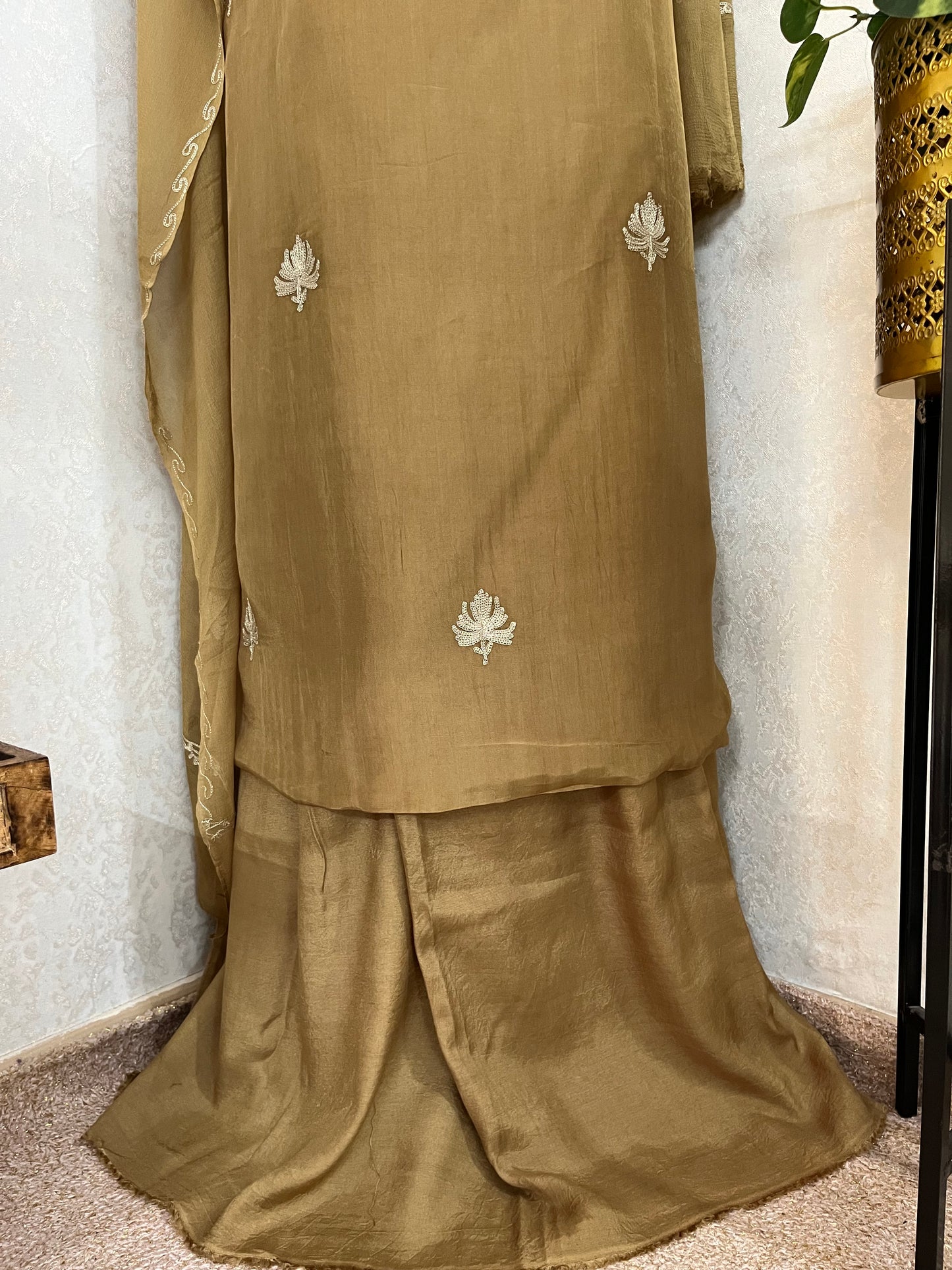 Army Geeen Silk Tilla Kashmiri Suit